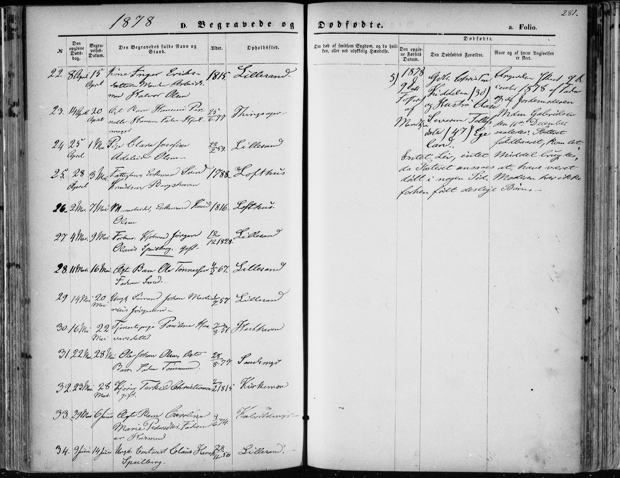 Vestre Moland sokneprestkontor, AV/SAK-1111-0046/F/Fa/Fab/L0008: Parish register (official) no. A 8, 1873-1883, p. 281