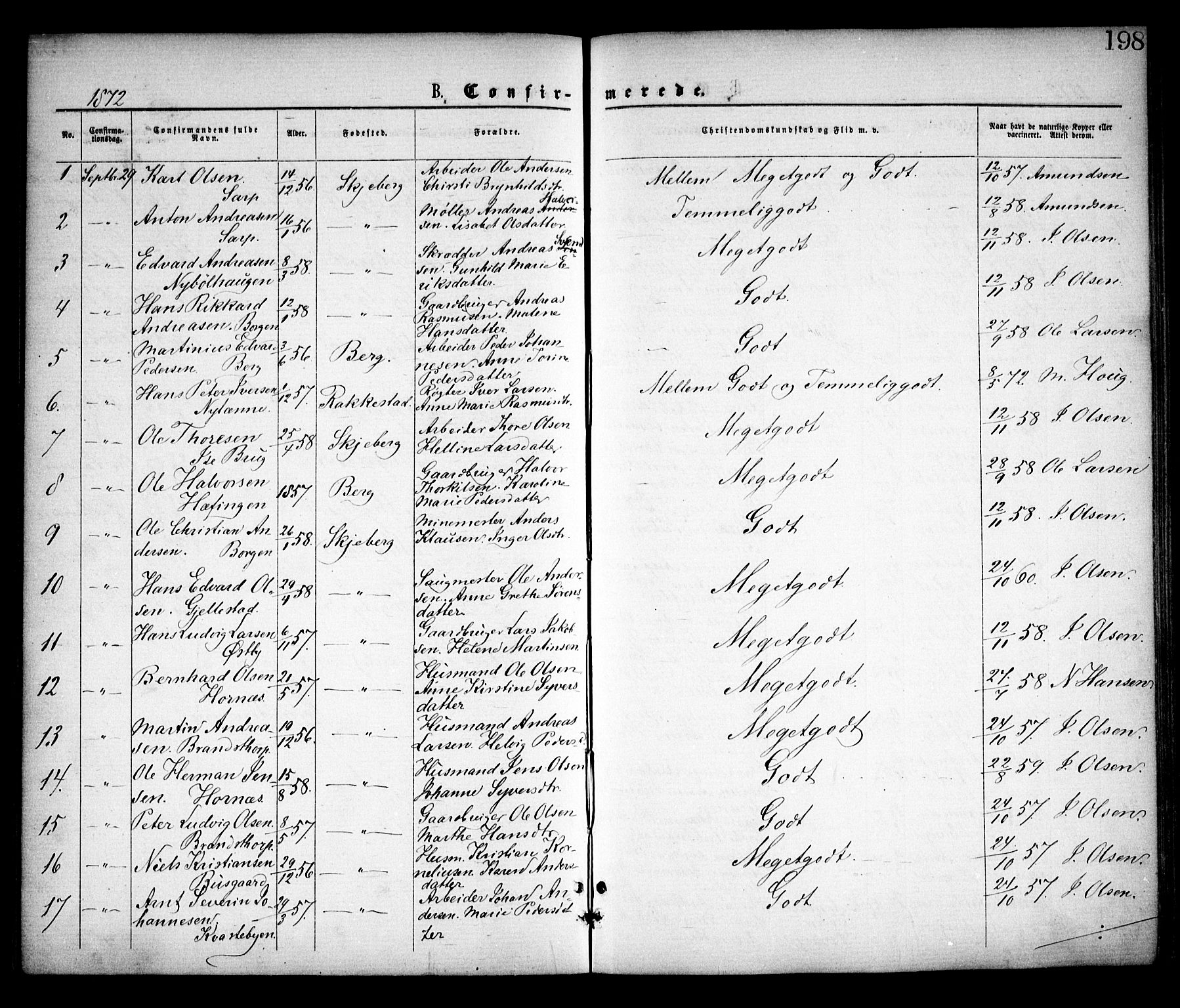 Skjeberg prestekontor Kirkebøker, SAO/A-10923/F/Fa/L0008: Parish register (official) no. I 8, 1869-1885, p. 198