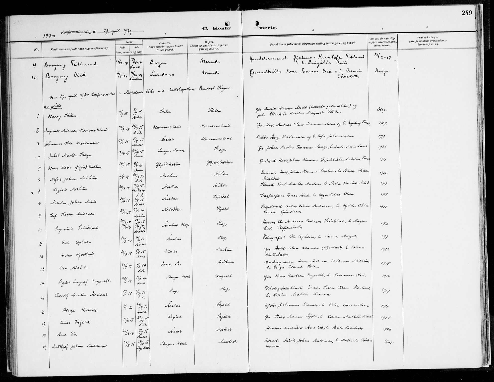 Fana Sokneprestembete, AV/SAB-A-75101/H/Haa/Haaj/L0001: Parish register (official) no. J 1, 1921-1935, p. 249