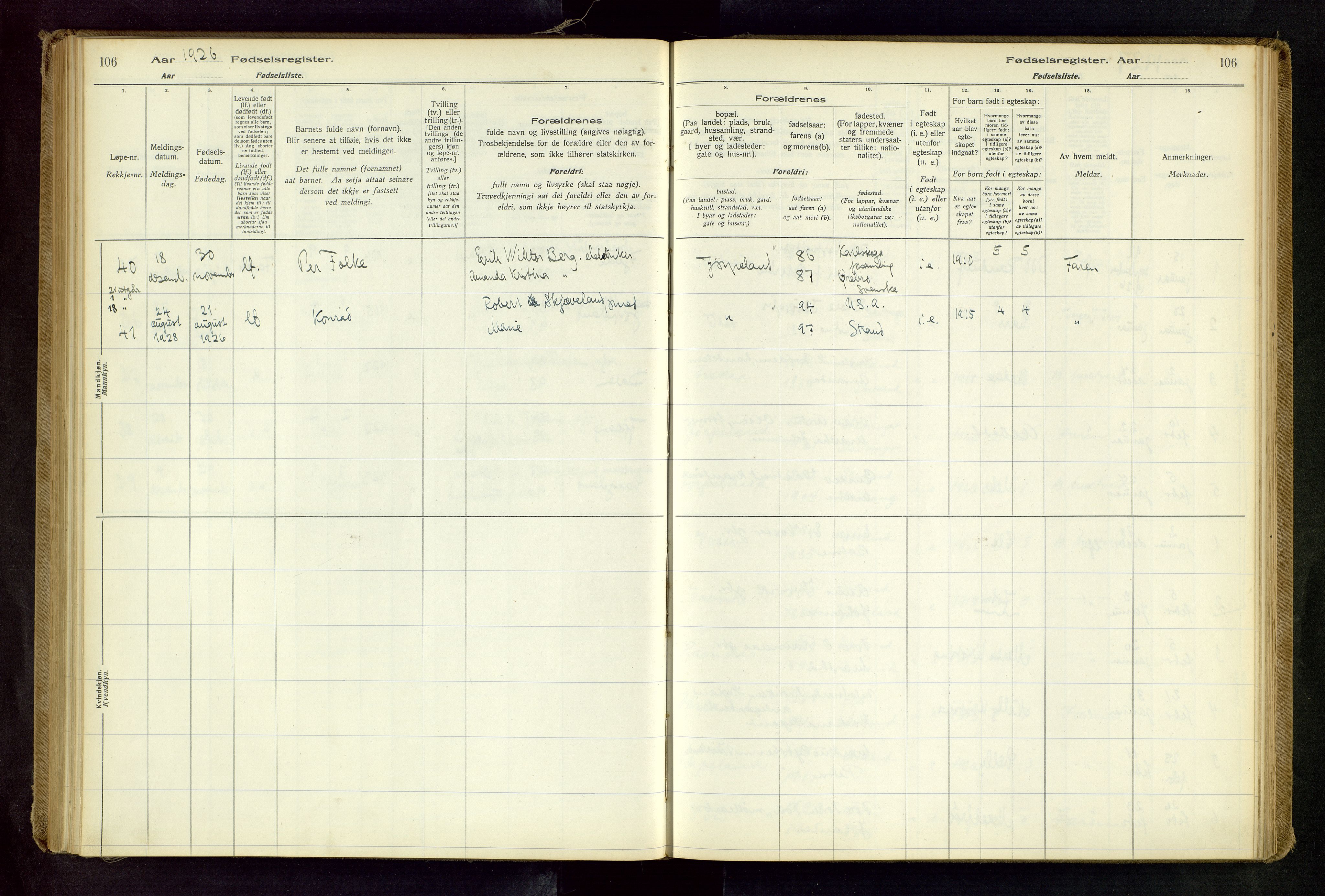 Strand sokneprestkontor, AV/SAST-A-101828/I/Id/L0001: Birth register no. 1, 1916-1938, p. 106