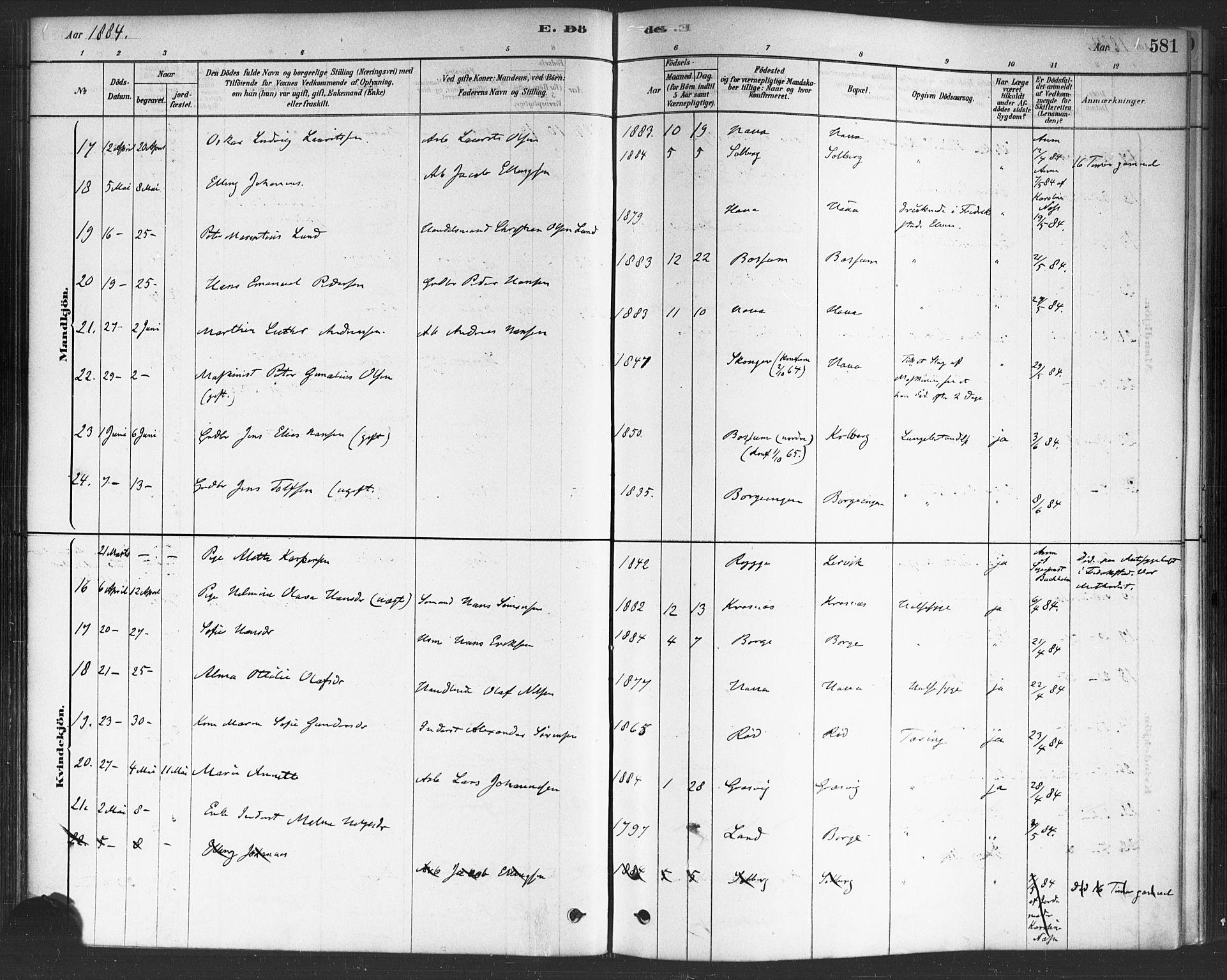 Onsøy prestekontor Kirkebøker, SAO/A-10914/F/Fa/L0006: Parish register (official) no. I 6, 1878-1898, p. 581