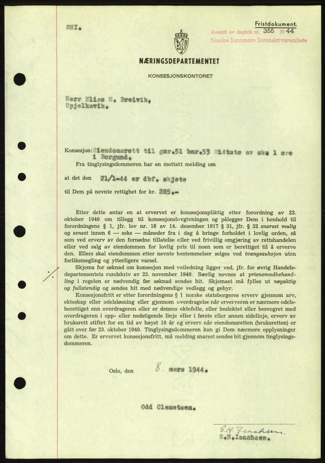 Nordre Sunnmøre sorenskriveri, SAT/A-0006/1/2/2C/2Ca: Mortgage book no. B6-14 a, 1942-1945, Diary no: : 355/1944