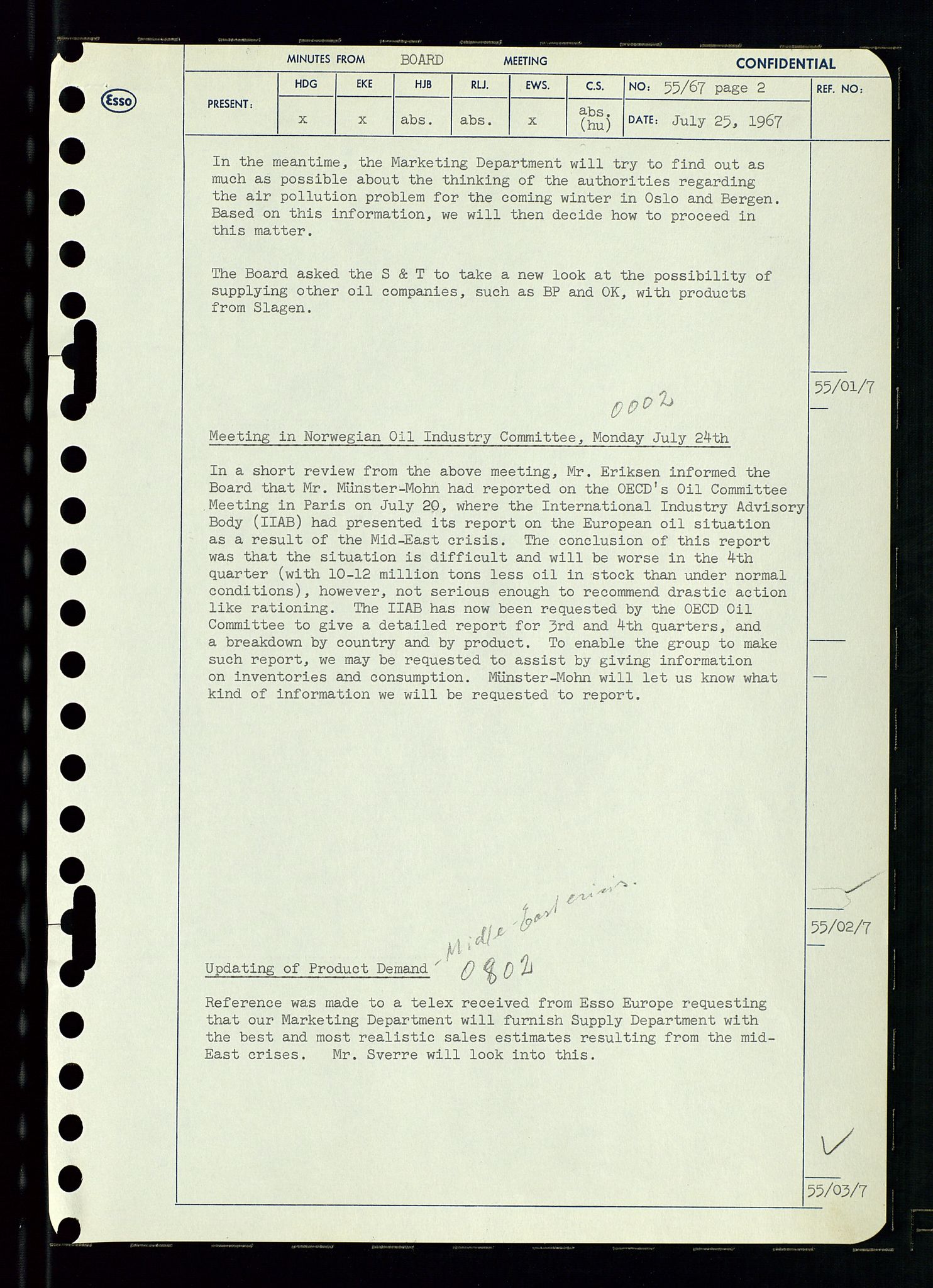 Pa 0982 - Esso Norge A/S, AV/SAST-A-100448/A/Aa/L0002/0003: Den administrerende direksjon Board minutes (styrereferater) / Den administrerende direksjon Board minutes (styrereferater), 1967, p. 113