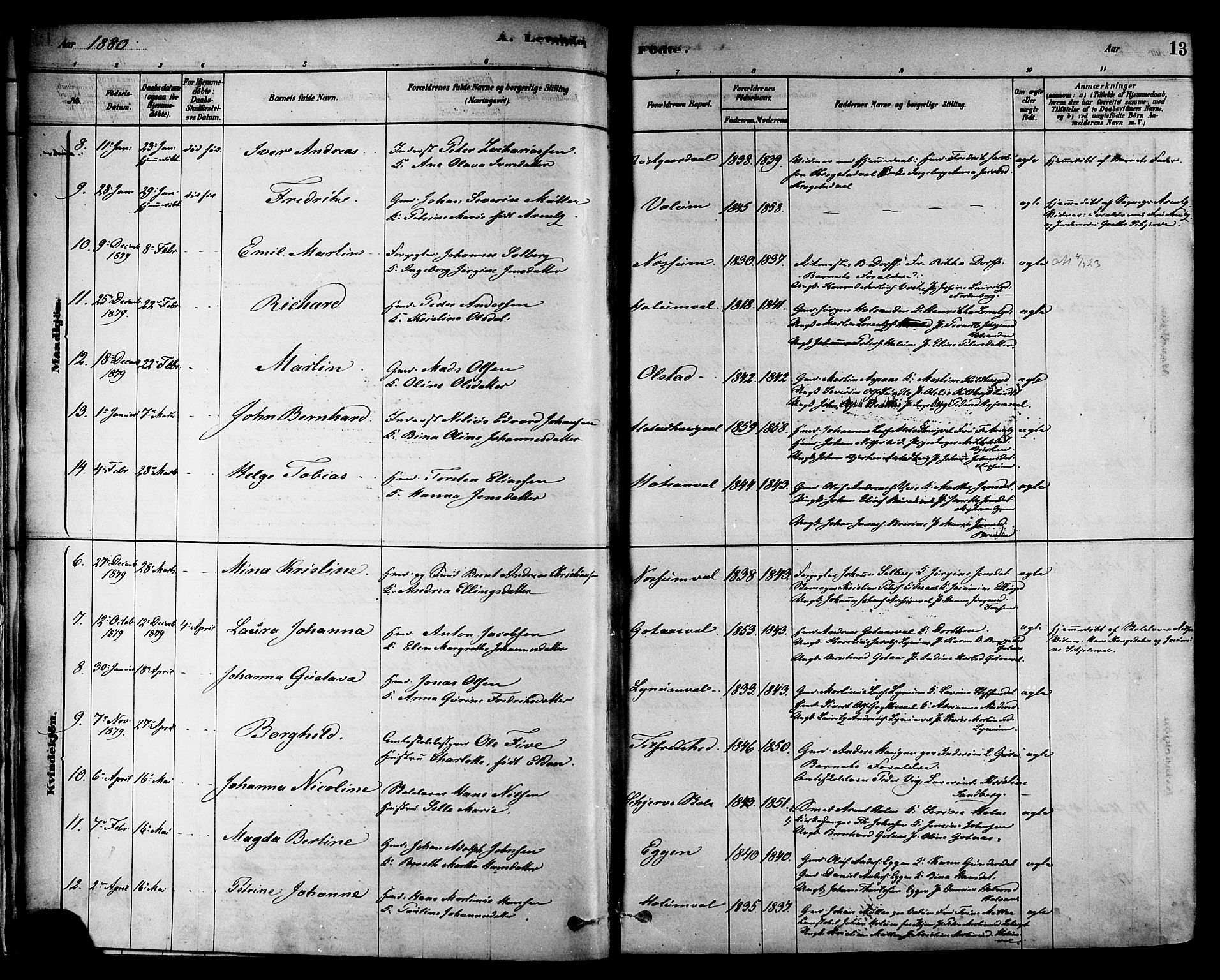 Ministerialprotokoller, klokkerbøker og fødselsregistre - Nord-Trøndelag, SAT/A-1458/717/L0159: Parish register (official) no. 717A09, 1878-1898, p. 13