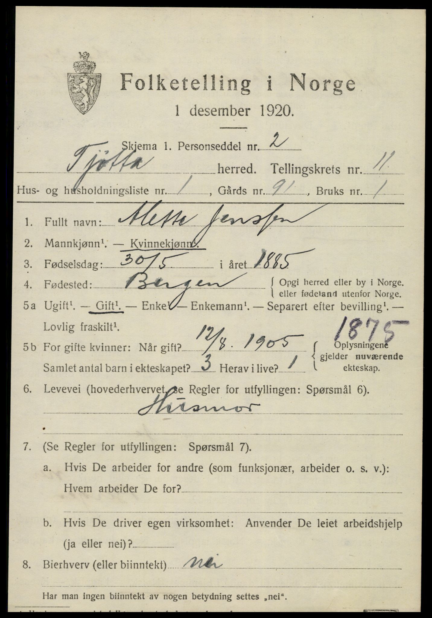 SAT, 1920 census for Tjøtta, 1920, p. 4341