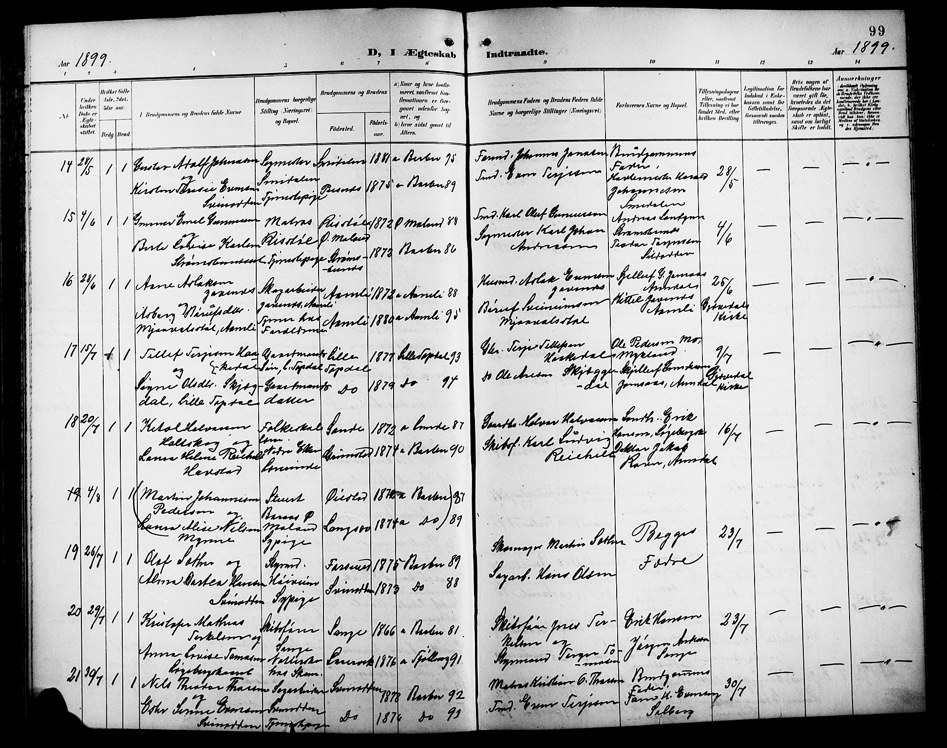 Barbu sokneprestkontor, AV/SAK-1111-0003/F/Fb/L0003: Parish register (copy) no. B 3, 1897-1911, p. 99