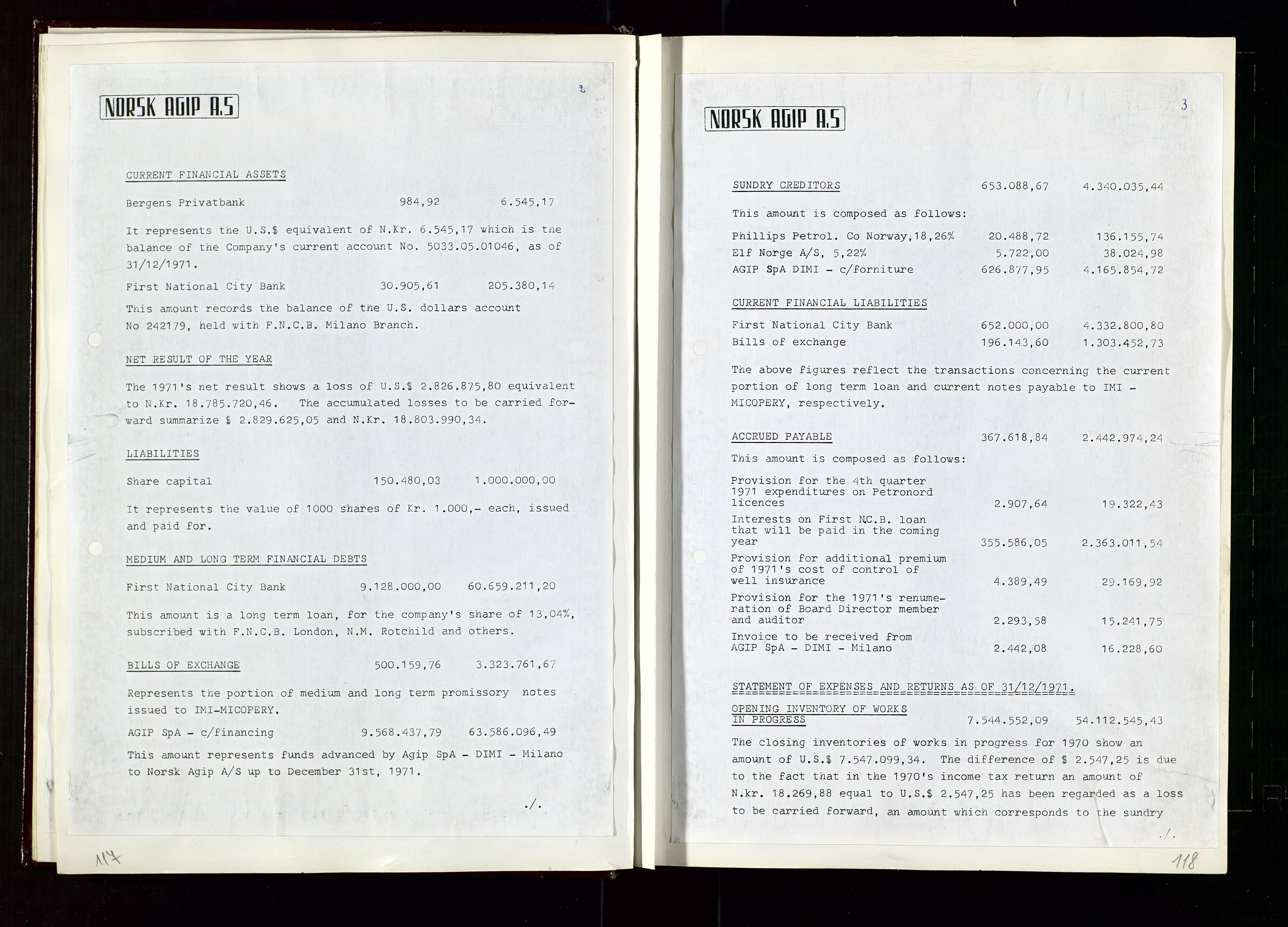 Pa 1583 - Norsk Agip AS, AV/SAST-A-102138/A/Aa/L0002: General assembly and Board of Directors meeting minutes, 1972-1979, p. 117-118