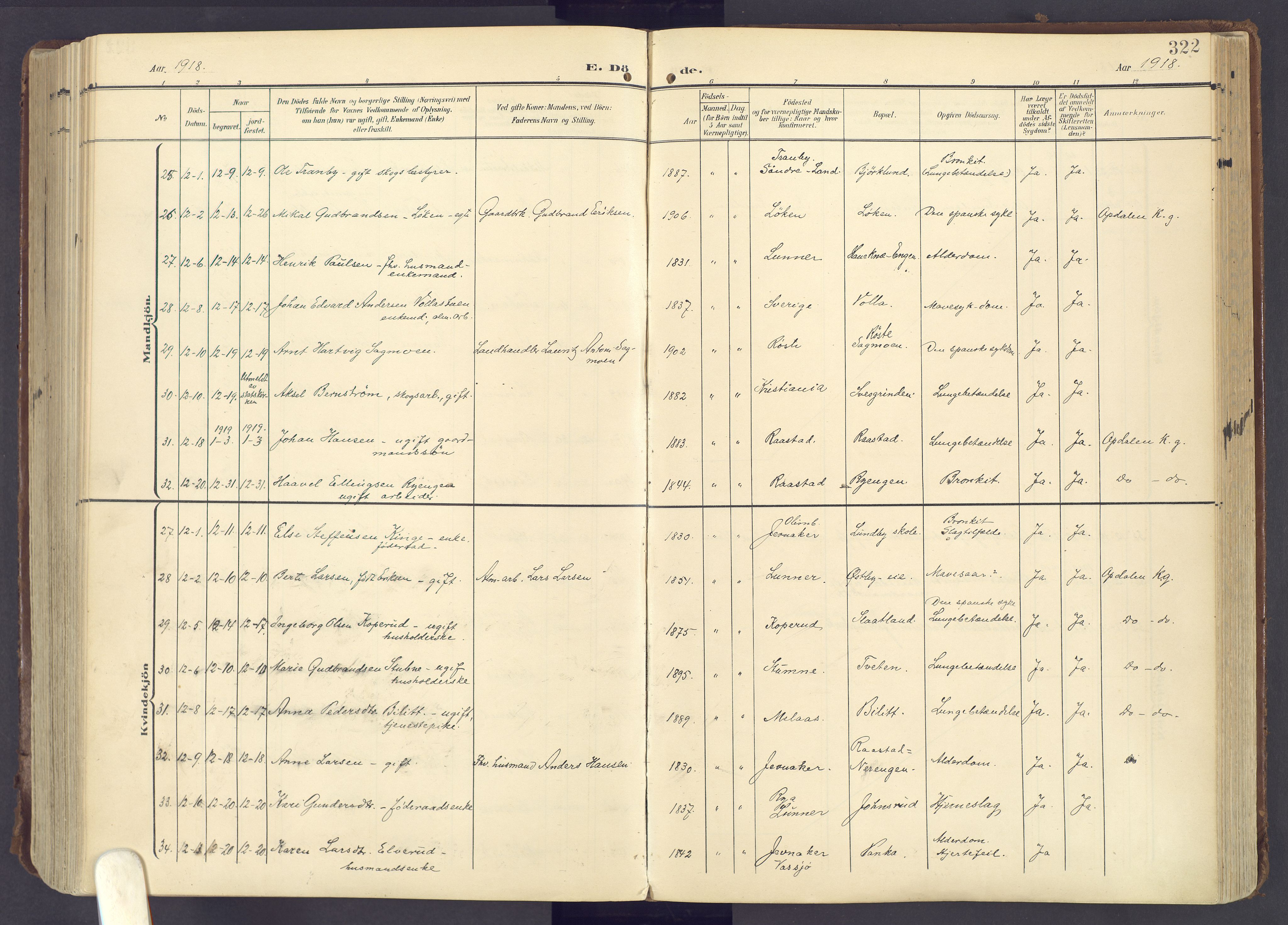 Lunner prestekontor, AV/SAH-PREST-118/H/Ha/Haa/L0001: Parish register (official) no. 1, 1907-1922, p. 322