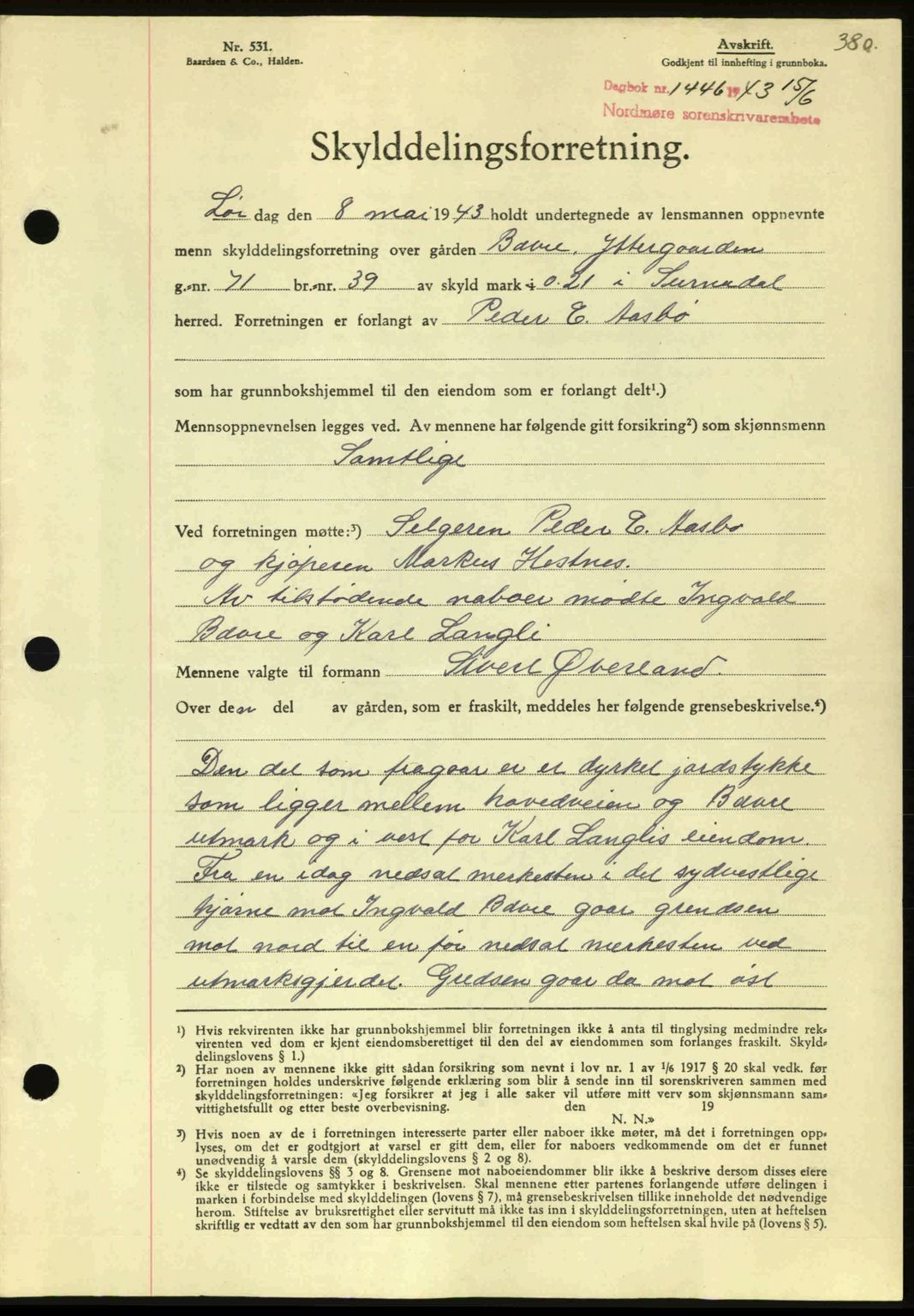 Nordmøre sorenskriveri, AV/SAT-A-4132/1/2/2Ca: Mortgage book no. A95, 1943-1943, Diary no: : 1446/1943