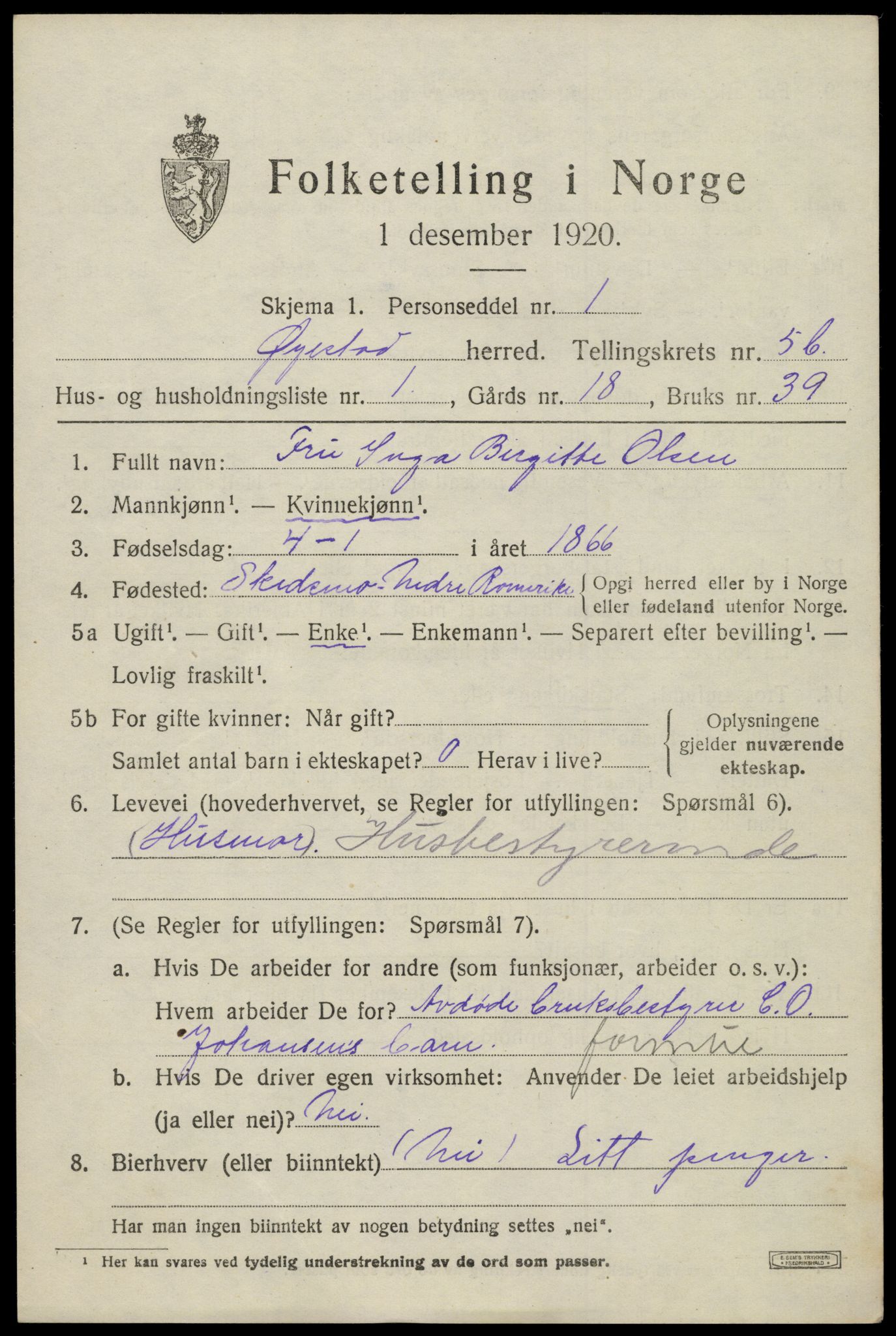 SAK, 1920 census for Øyestad, 1920, p. 3682