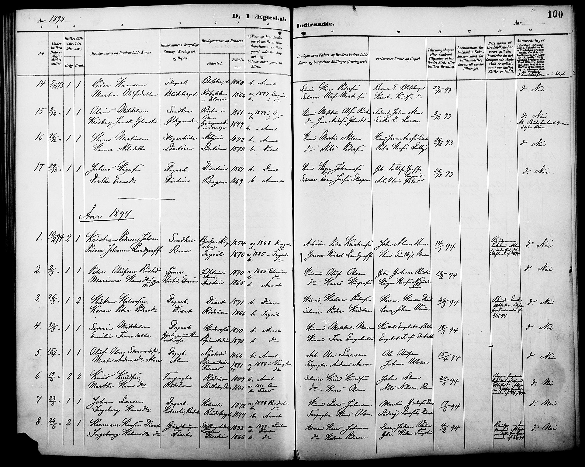 Åmot prestekontor, Hedmark, AV/SAH-PREST-056/H/Ha/Haa/L0011: Parish register (official) no. 11, 1890-1897, p. 100