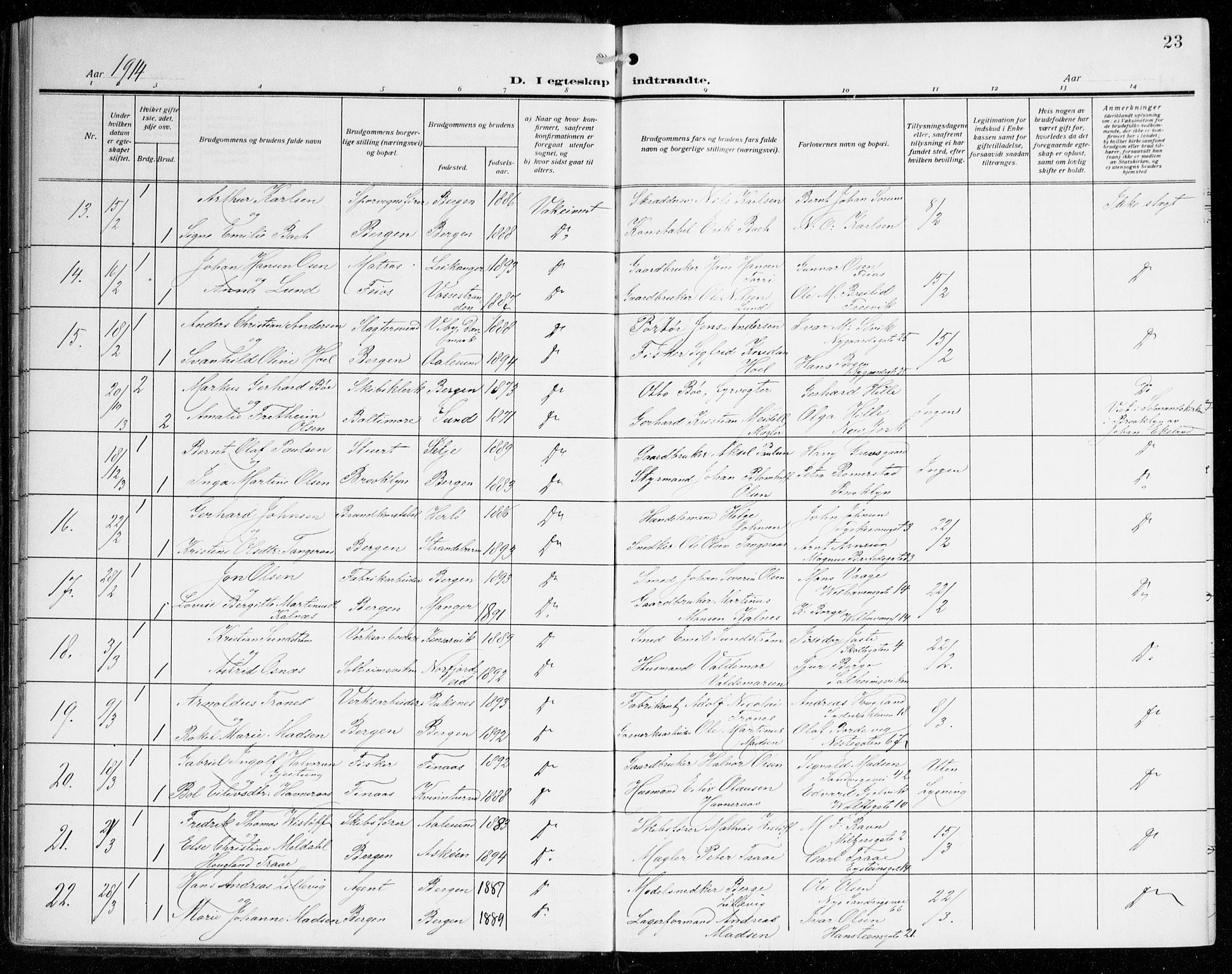 Johanneskirken sokneprestembete, SAB/A-76001/H/Haa/L0013: Parish register (official) no. D 2, 1912-1929, p. 23