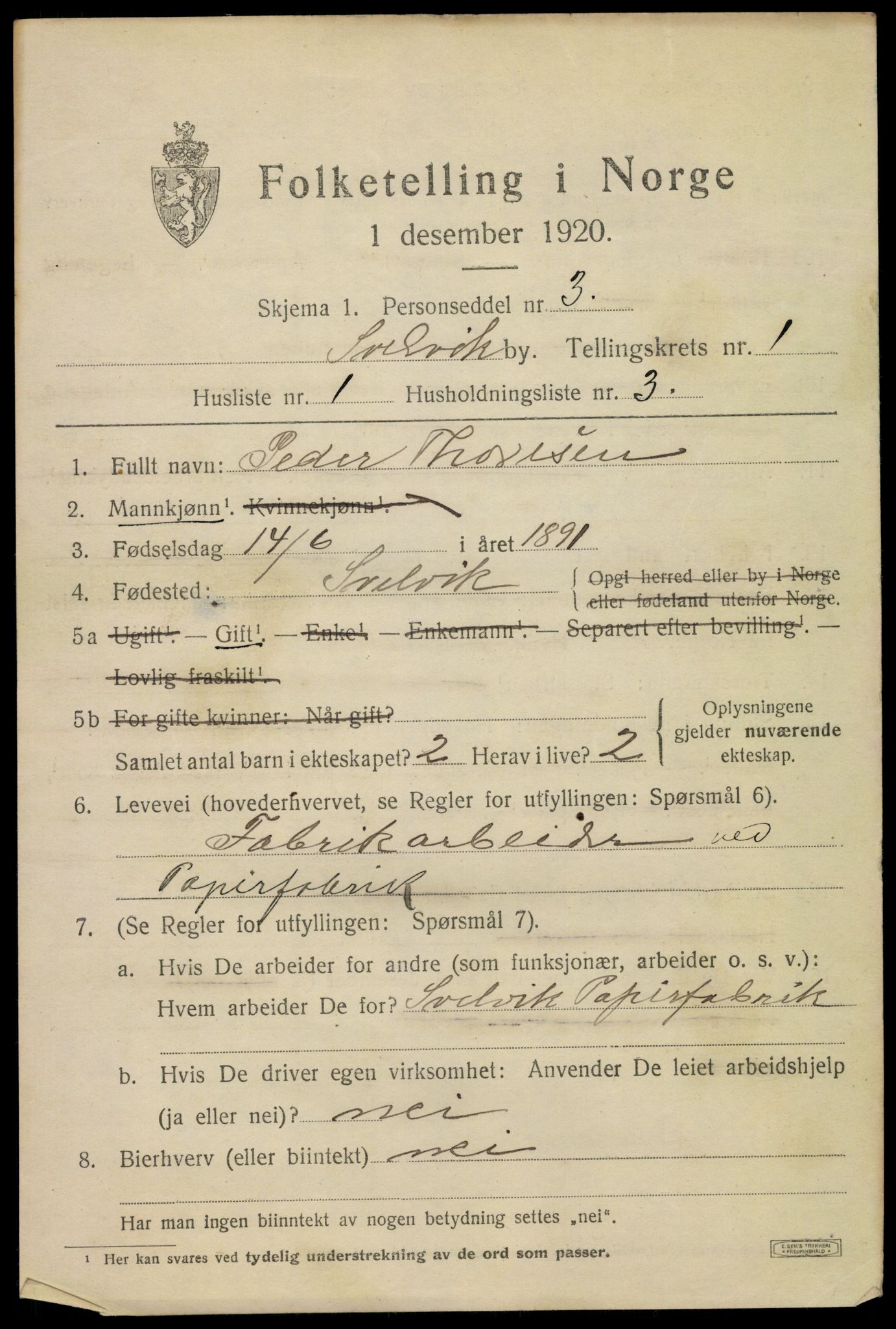 SAKO, 1920 census for Svelvik, 1920, p. 1183