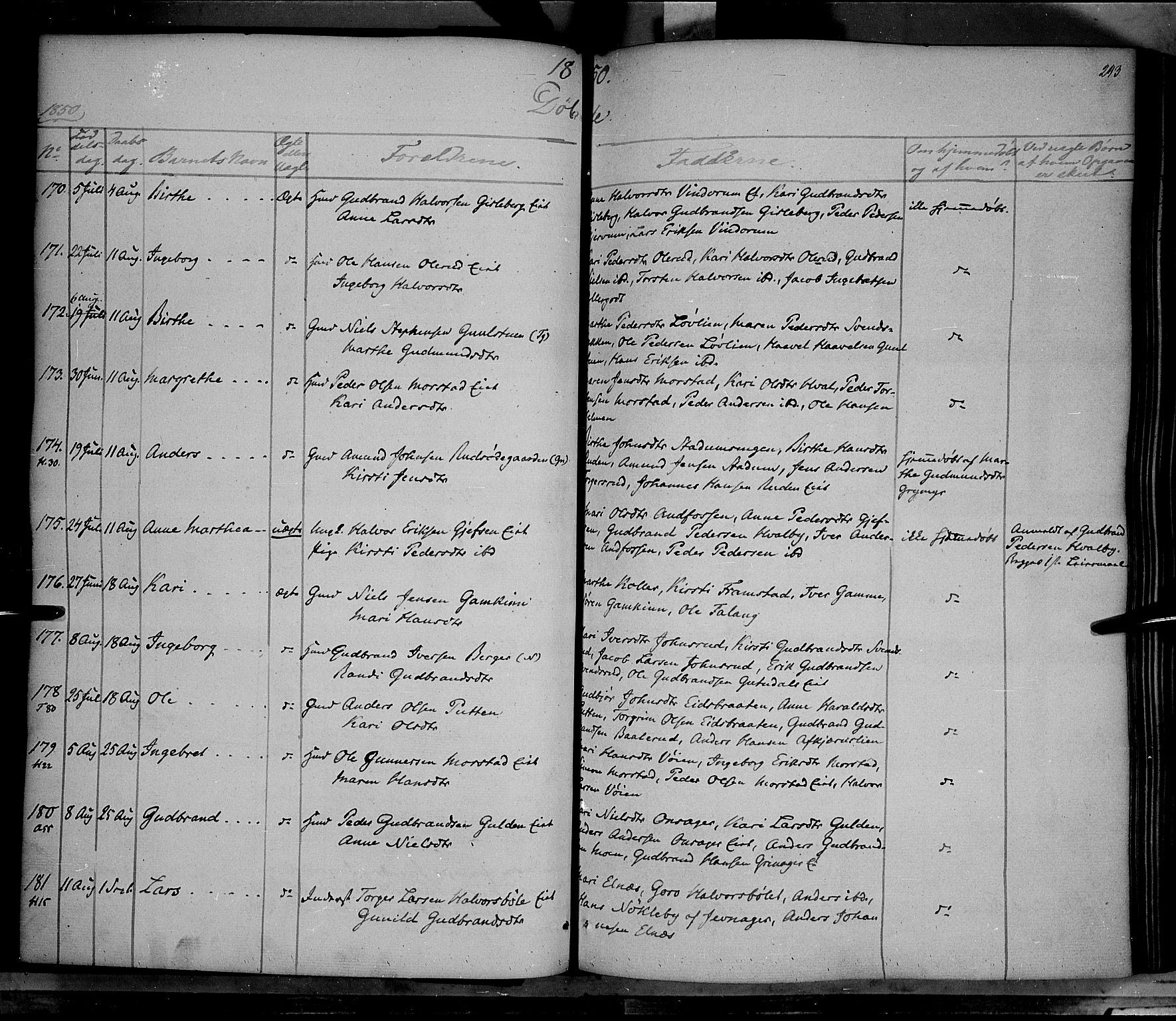 Gran prestekontor, AV/SAH-PREST-112/H/Ha/Haa/L0011: Parish register (official) no. 11, 1842-1856, p. 242-243