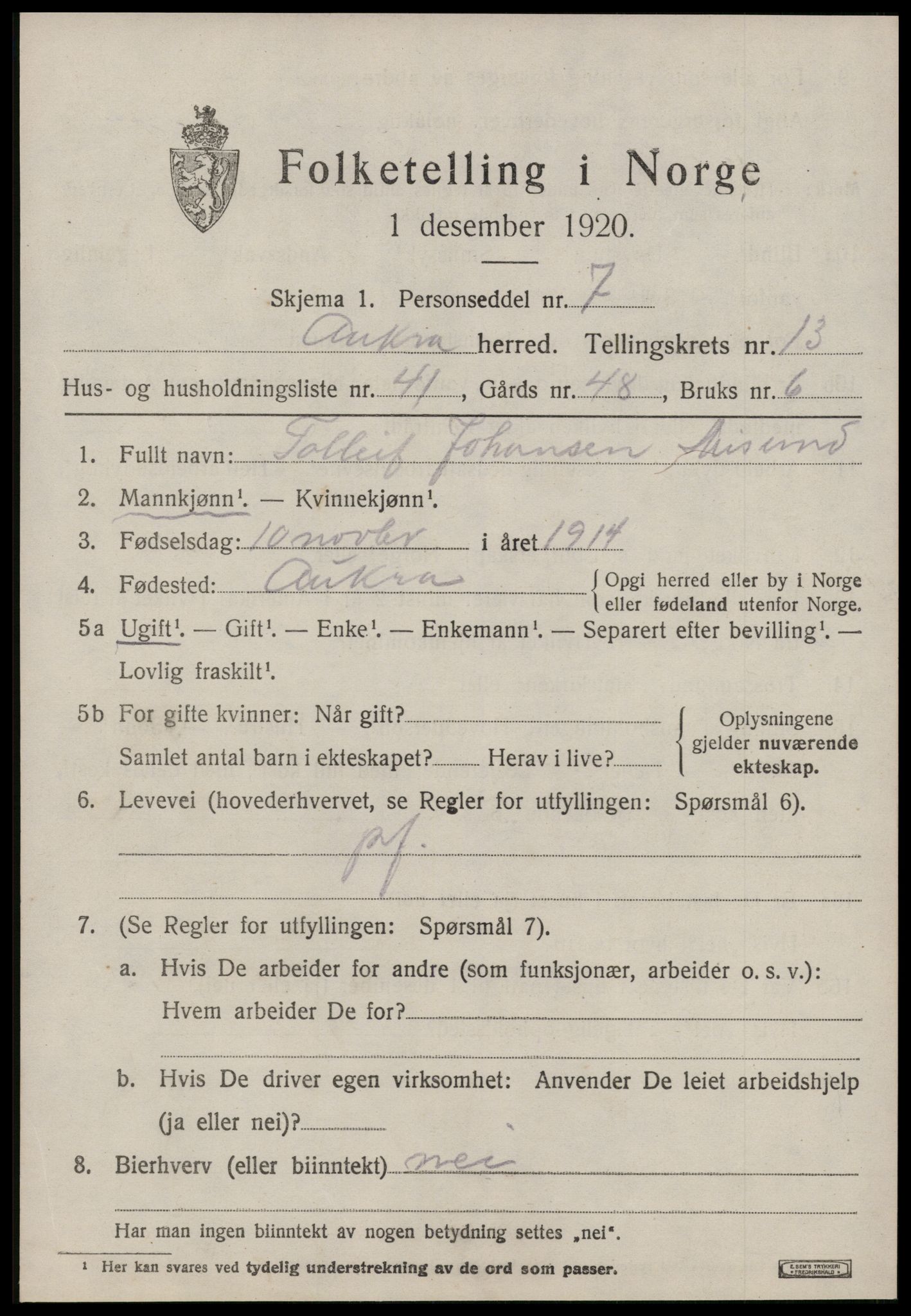 SAT, 1920 census for Aukra, 1920, p. 6161