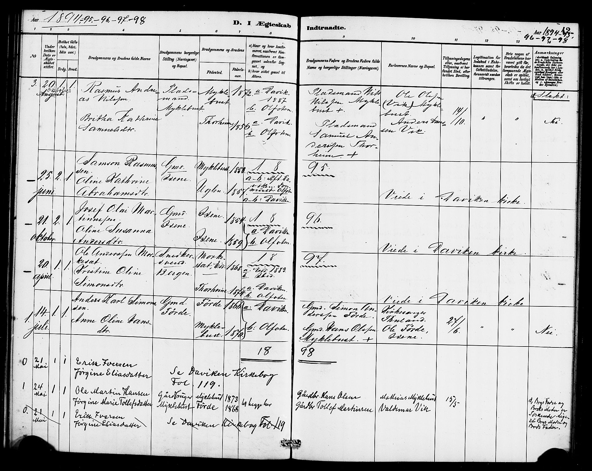 Davik sokneprestembete, SAB/A-79701/H/Haa/Haae/L0001: Parish register (official) no. E 1, 1882-1900, p. 42