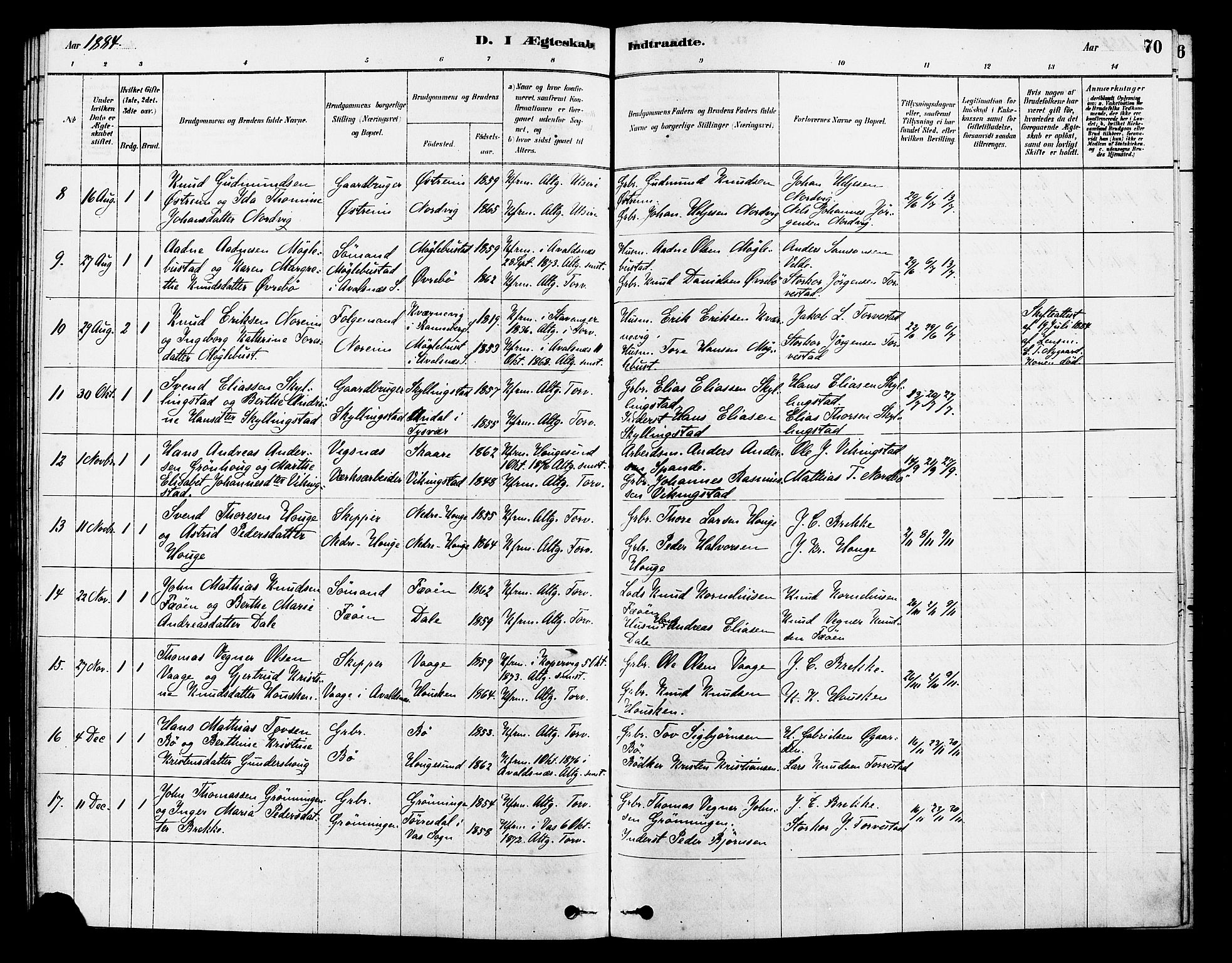 Torvastad sokneprestkontor, AV/SAST-A -101857/H/Ha/Haa/L0014: Parish register (official) no. A 13, 1879-1888, p. 70