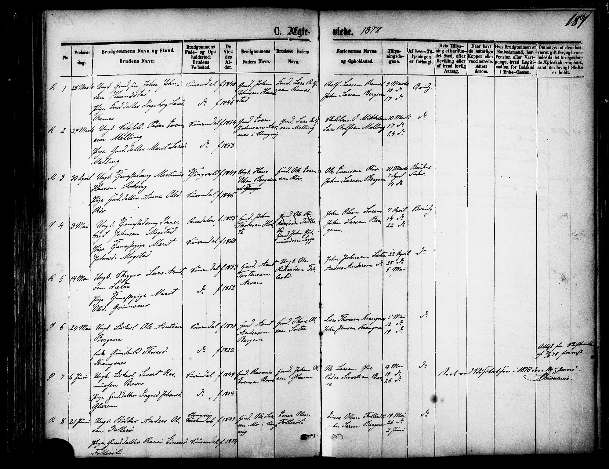 Ministerialprotokoller, klokkerbøker og fødselsregistre - Møre og Romsdal, AV/SAT-A-1454/595/L1046: Parish register (official) no. 595A08, 1874-1884, p. 187