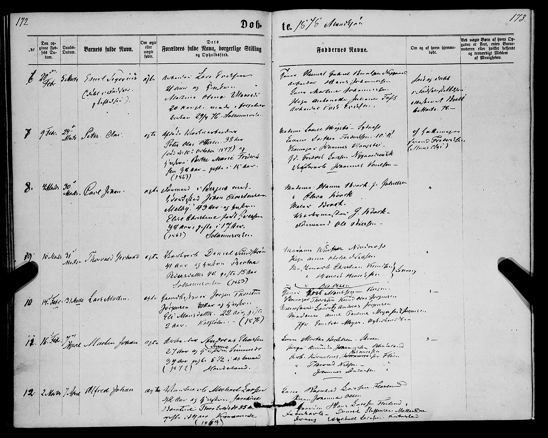 St. Jørgens hospital og Årstad sokneprestembete, SAB/A-99934: Parish register (official) no. A 6, 1870-1878, p. 172-173