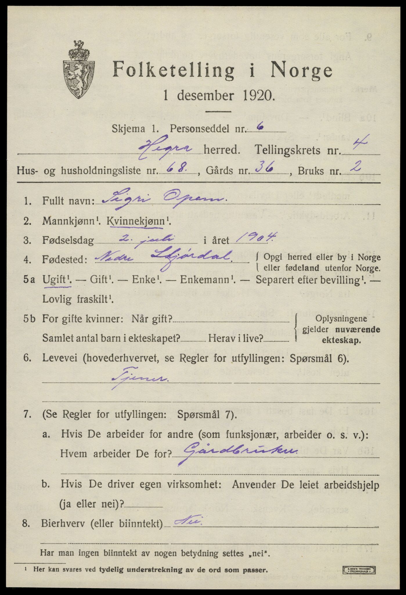 SAT, 1920 census for Hegra, 1920, p. 4030