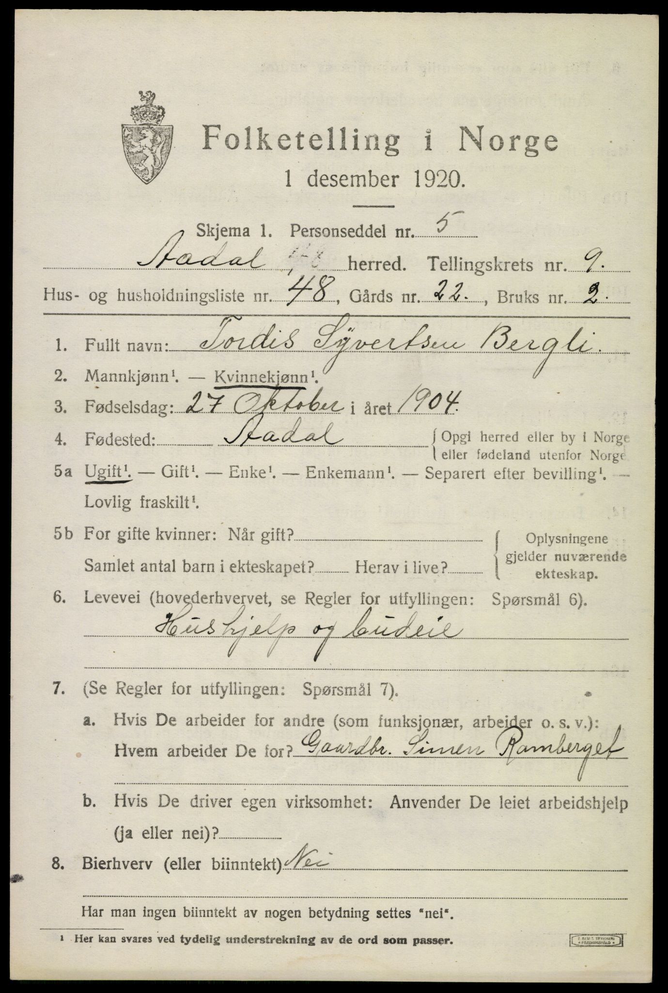 SAKO, 1920 census for Ådal, 1920, p. 6516