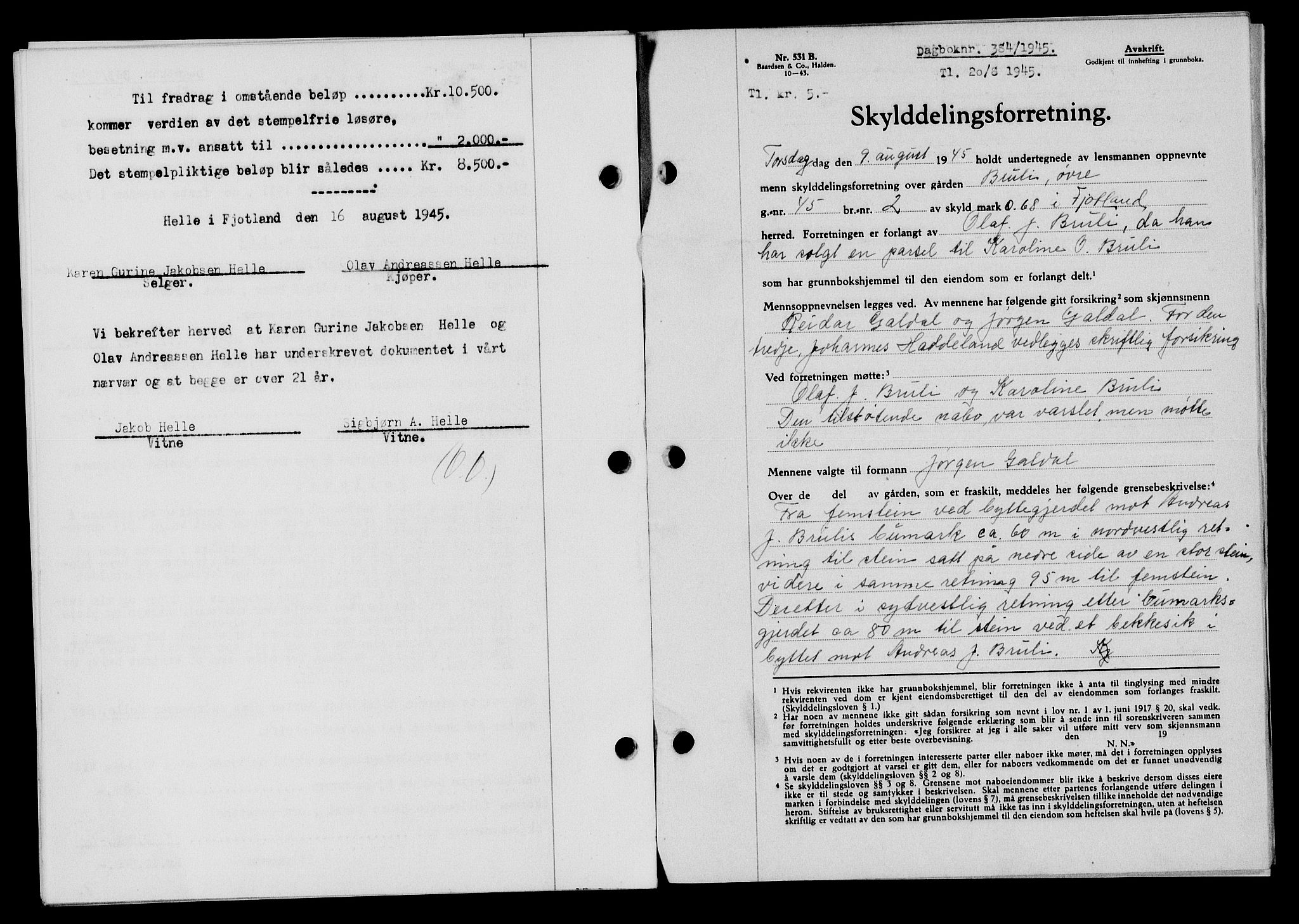 Flekkefjord sorenskriveri, AV/SAK-1221-0001/G/Gb/Gba/L0059: Mortgage book no. A-7, 1944-1945, Diary no: : 384/1945