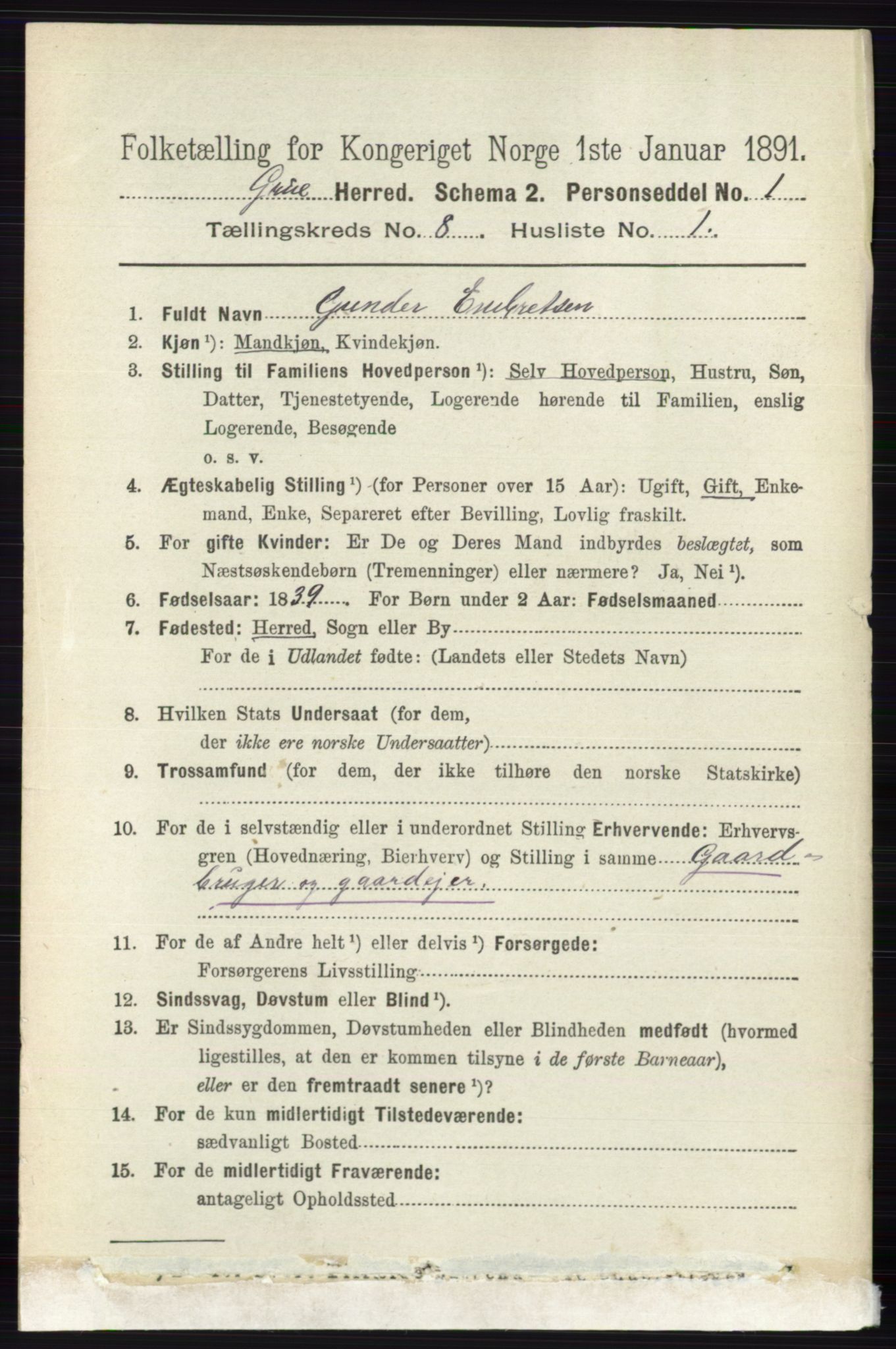 RA, 1891 census for 0423 Grue, 1891, p. 4314