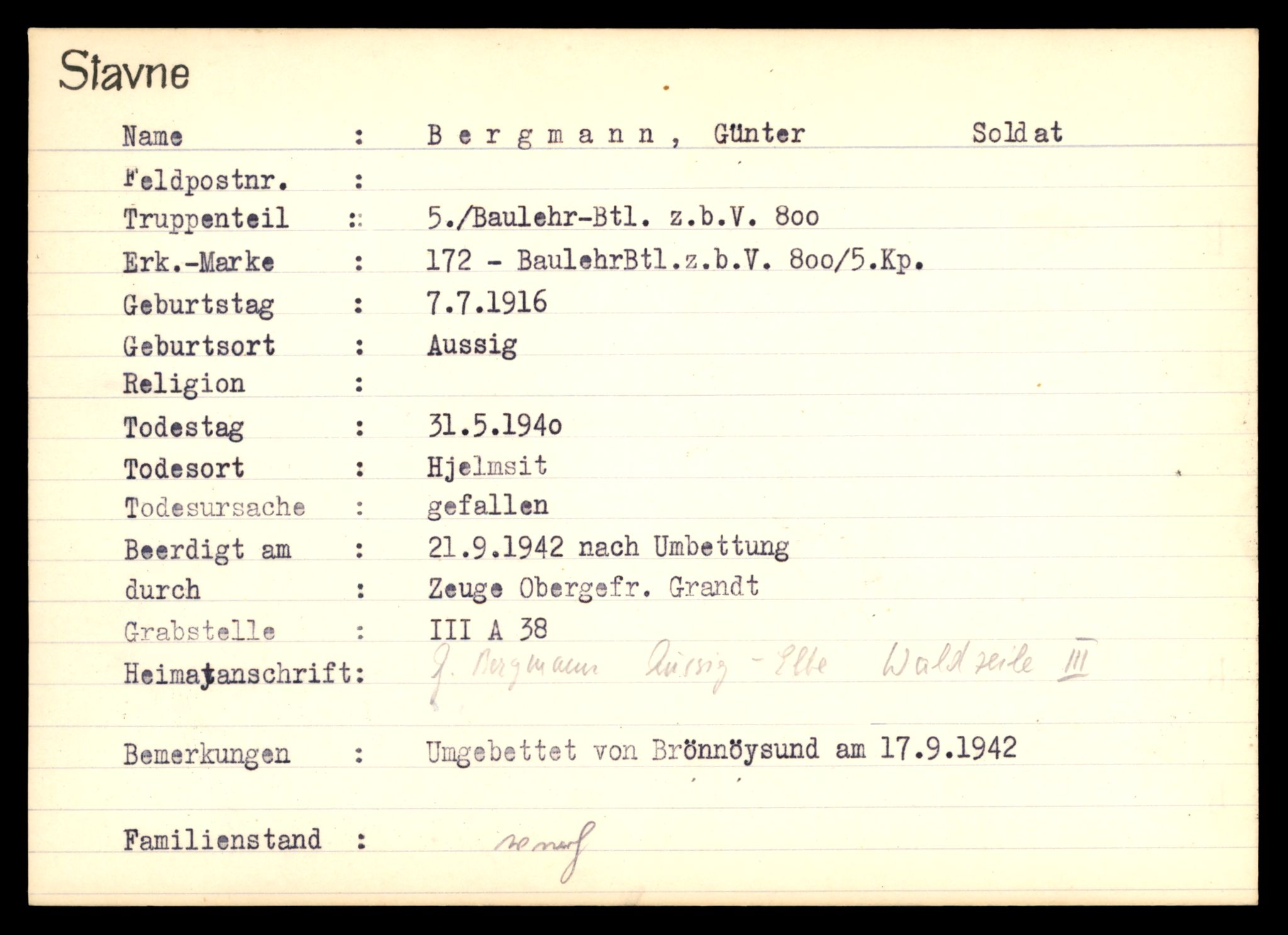 Distriktskontoret for krigsgraver, AV/SAT-A-5030/E/L0003: Kasett/kartotek over tysk Krigskirkegård Stavne, 1945, p. 71