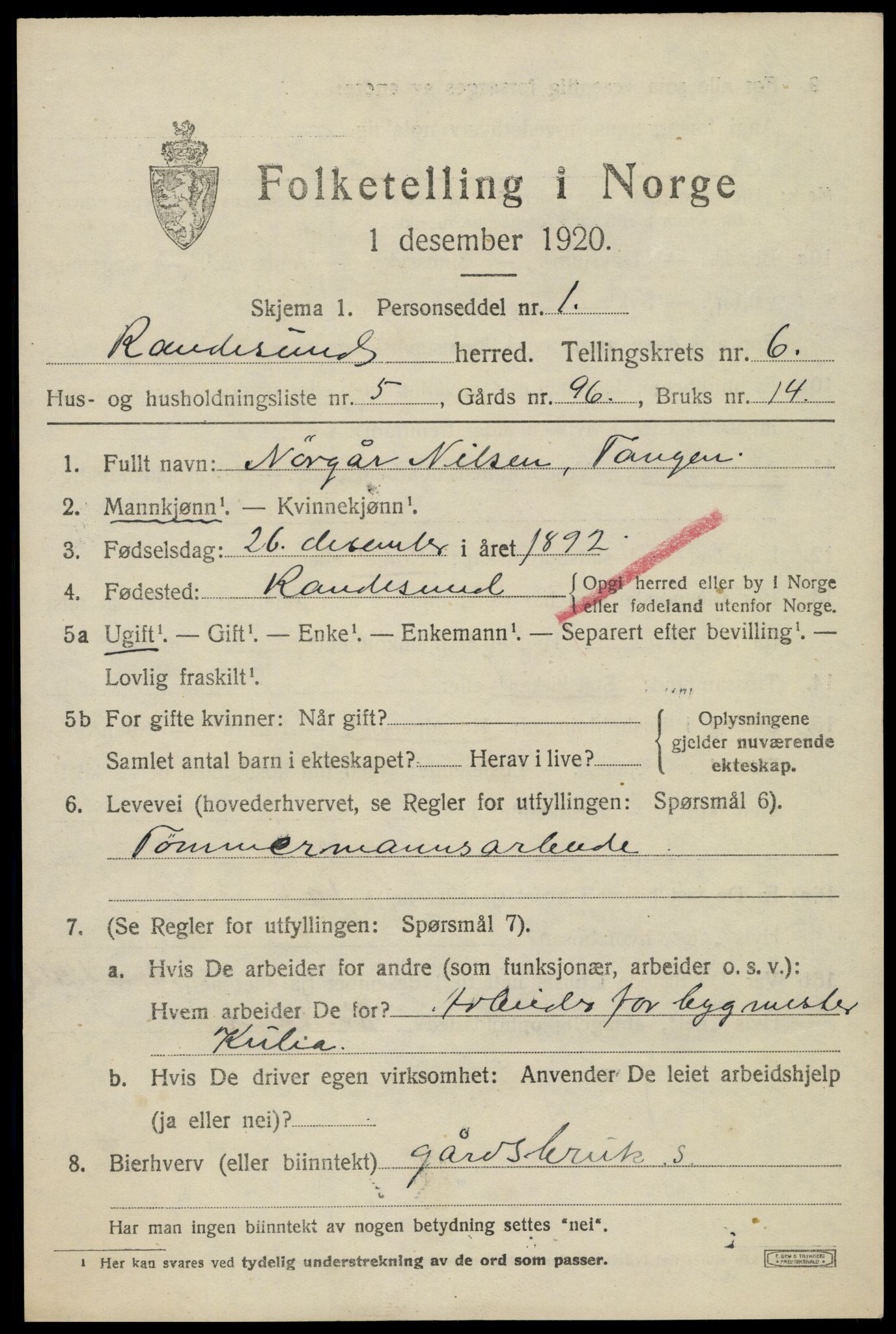 SAK, 1920 census for Randesund, 1920, p. 2782