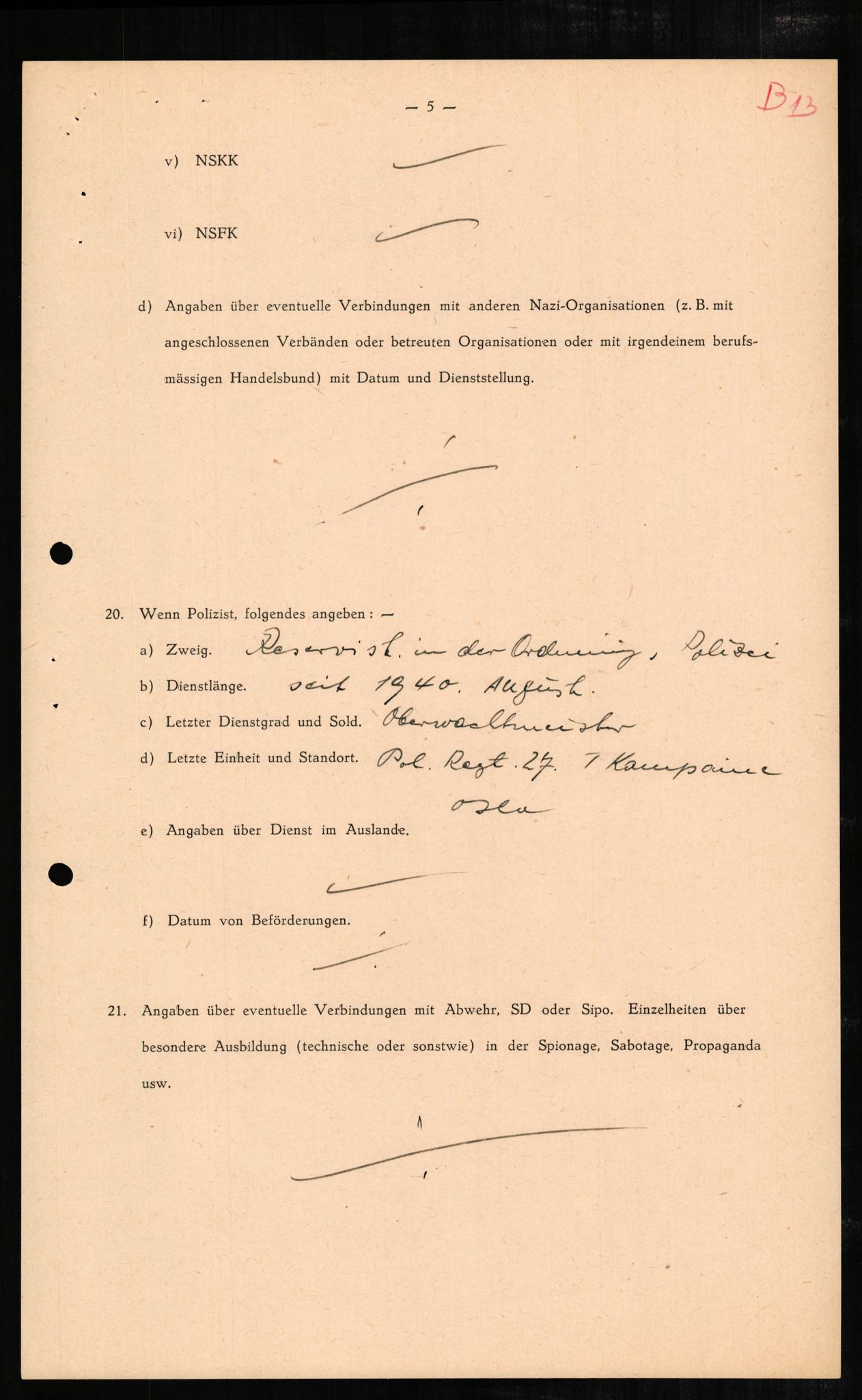 Forsvaret, Forsvarets overkommando II, RA/RAFA-3915/D/Db/L0003: CI Questionaires. Tyske okkupasjonsstyrker i Norge. Tyskere., 1945-1946, p. 270