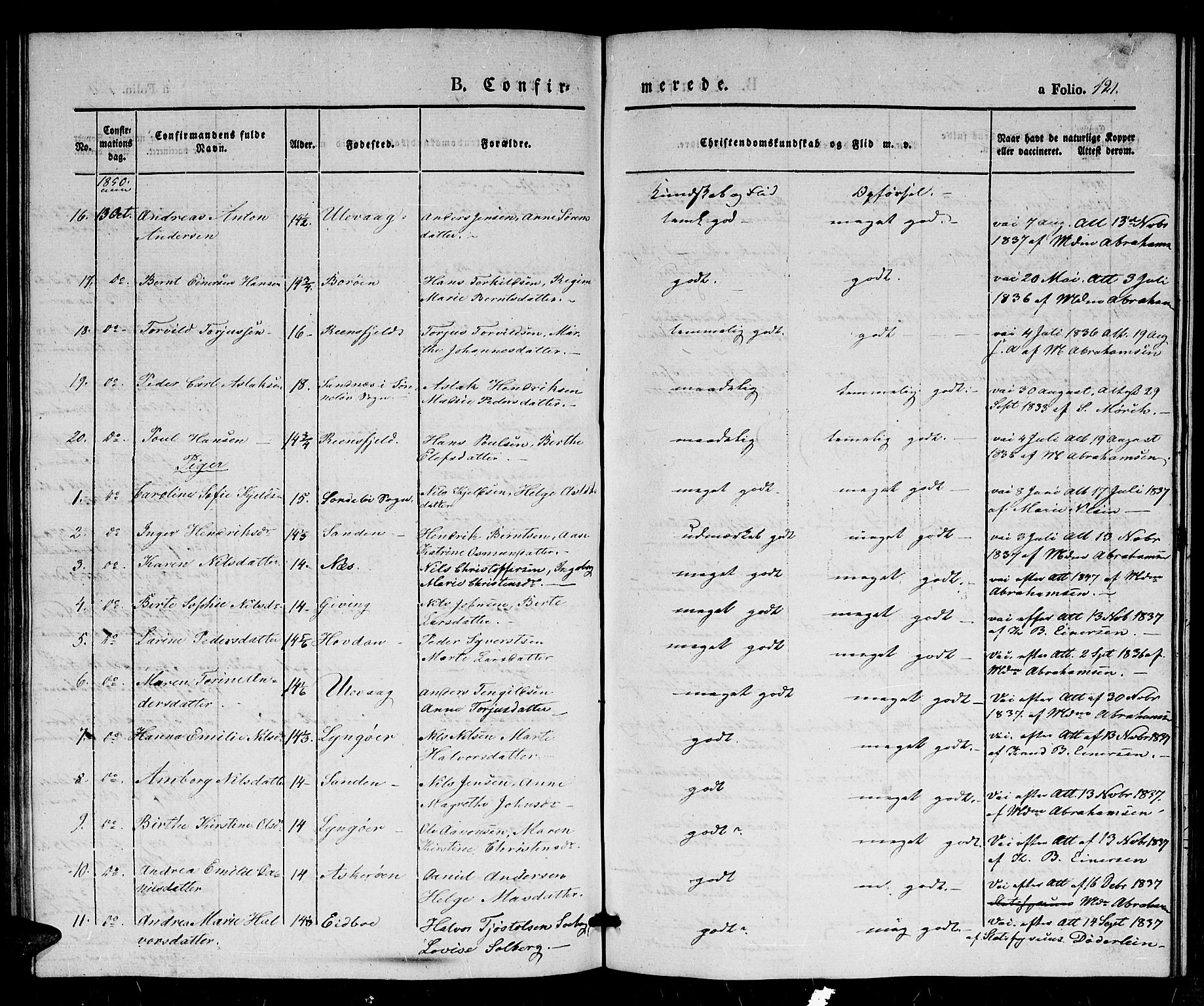 Dypvåg sokneprestkontor, AV/SAK-1111-0007/F/Fb/Fba/L0010: Parish register (copy) no. B 10, 1842-1857, p. 121