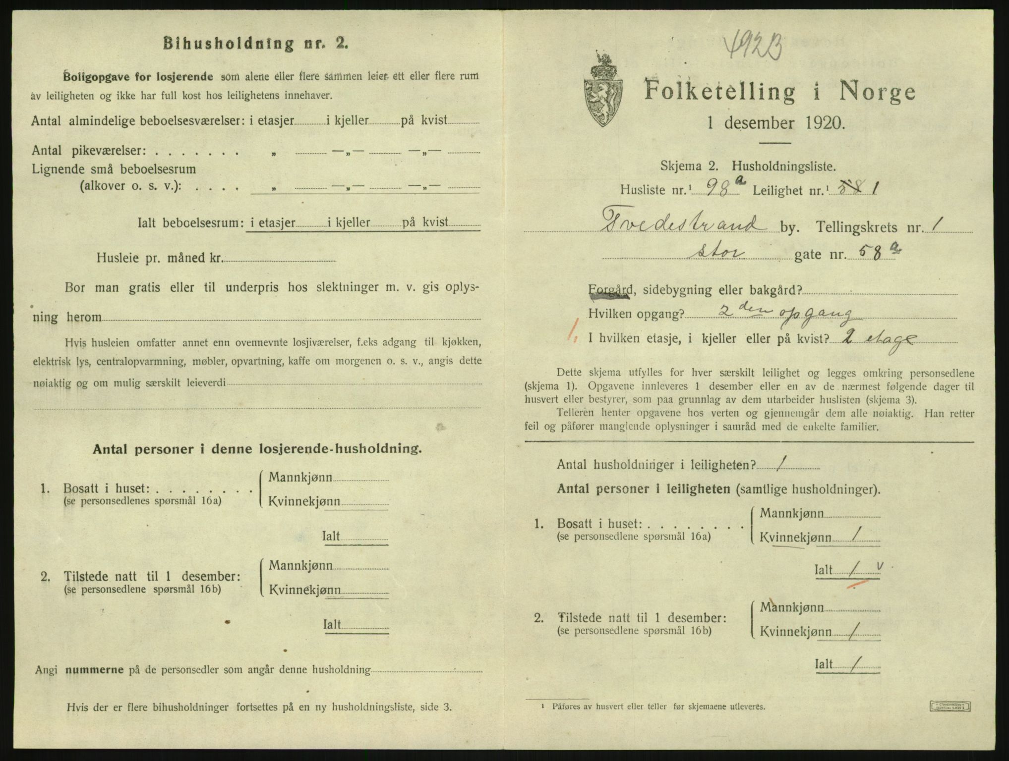 SAK, 1920 census for Tvedestrand, 1920, p. 881