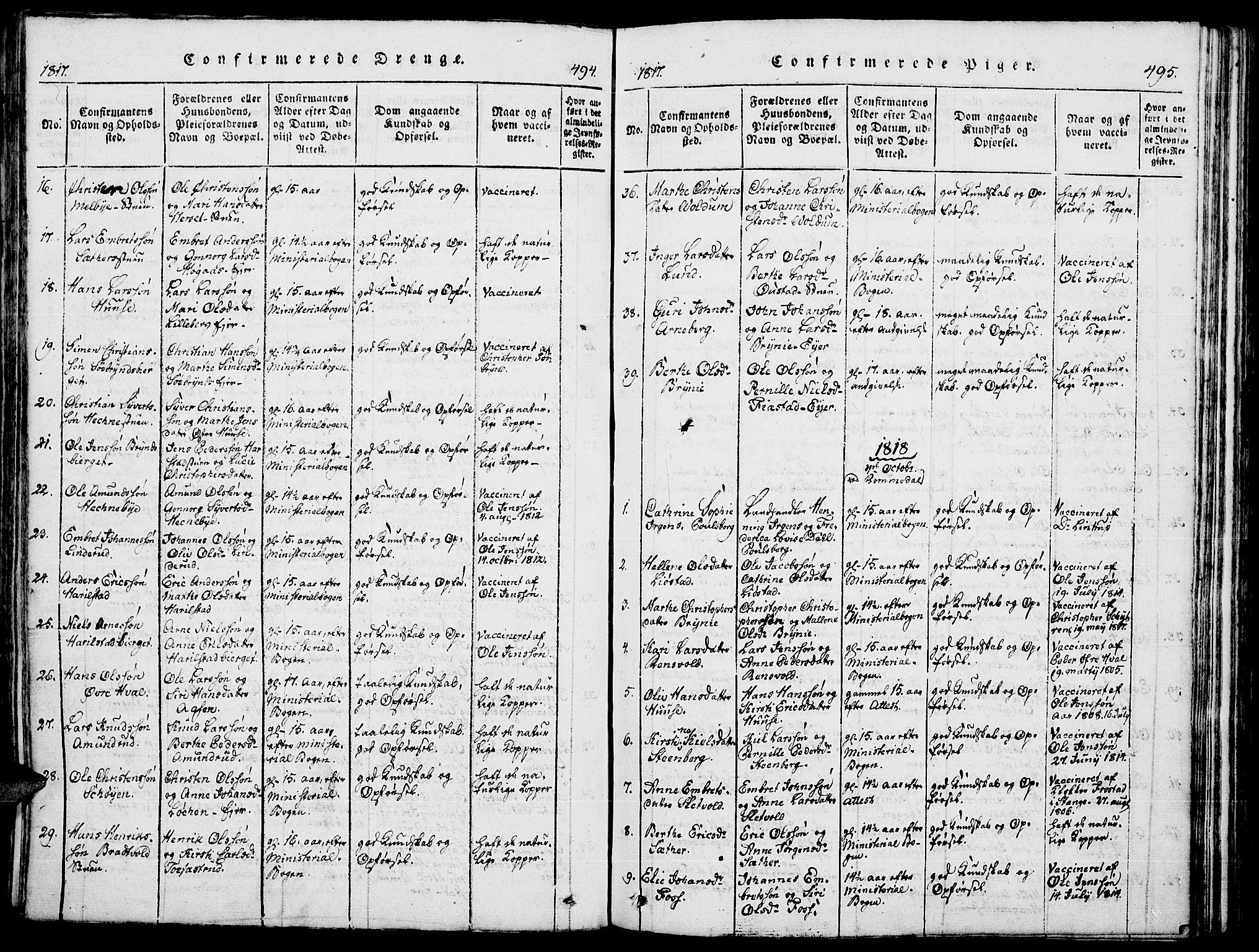 Romedal prestekontor, SAH/PREST-004/K/L0002: Parish register (official) no. 2, 1814-1828, p. 494-495