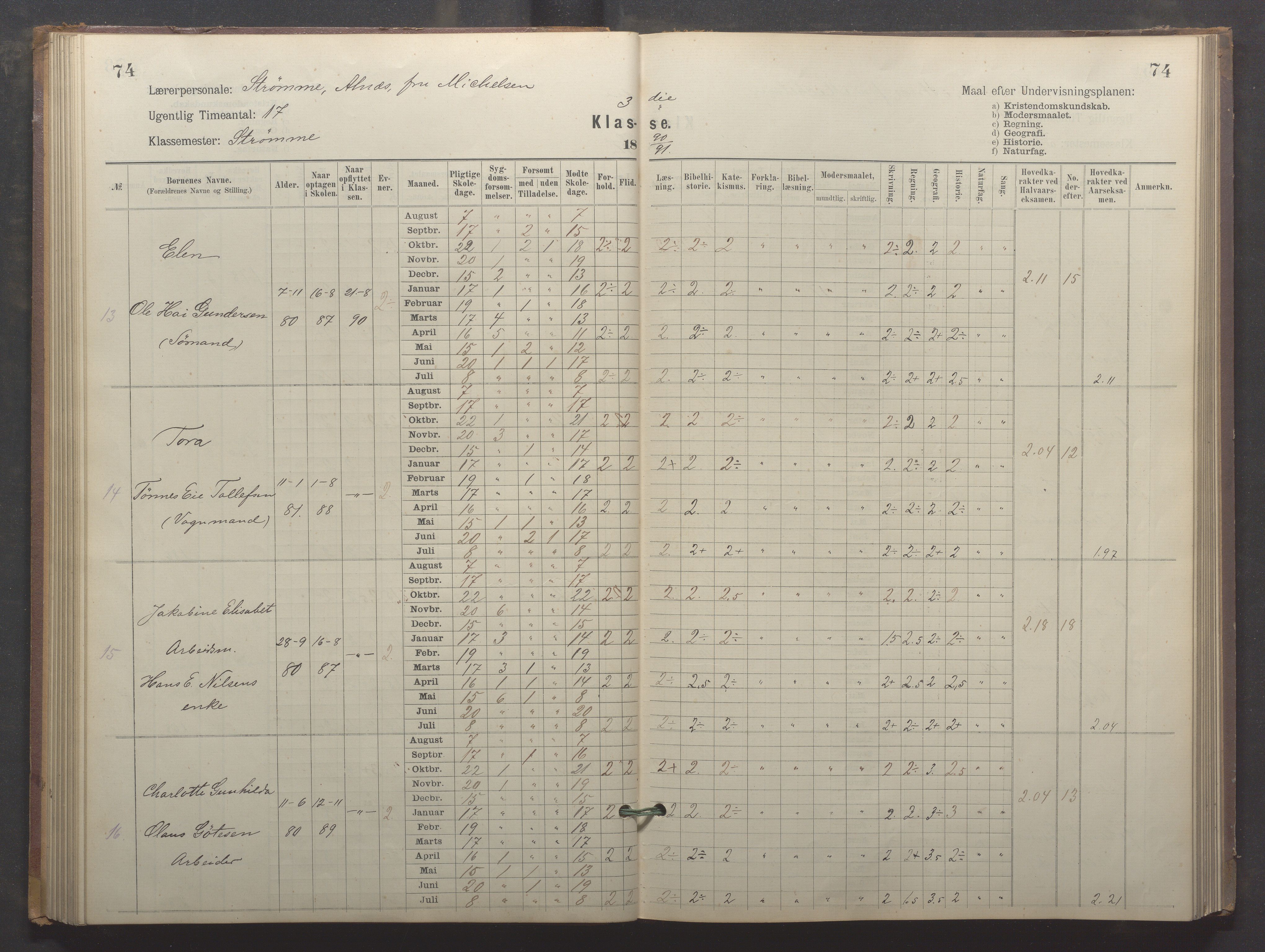 Egersund kommune (Ladested) - Egersund almueskole/folkeskole, IKAR/K-100521/H/L0024: Skoleprotokoll - Almueskolen, 3. klasse, 1887-1892, p. 74