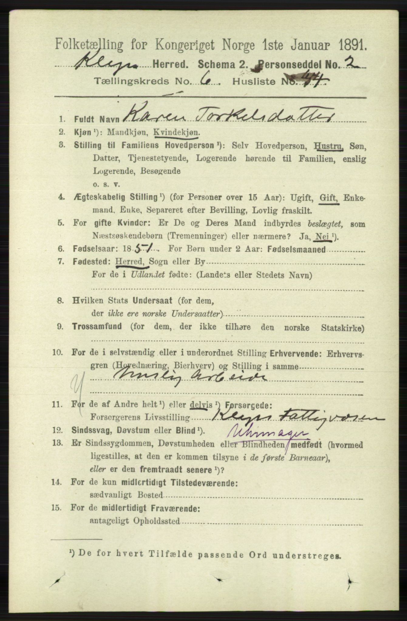 RA, 1891 census for 1120 Klepp, 1891, p. 1987