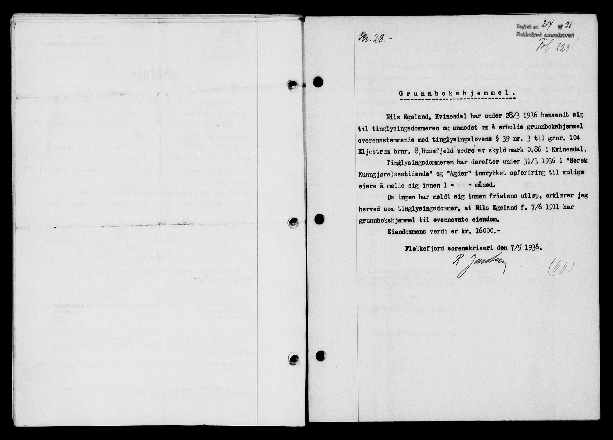 Flekkefjord sorenskriveri, SAK/1221-0001/G/Gb/Gba/L0053: Mortgage book no. A-1, 1936-1937, Diary no: : 214/1936