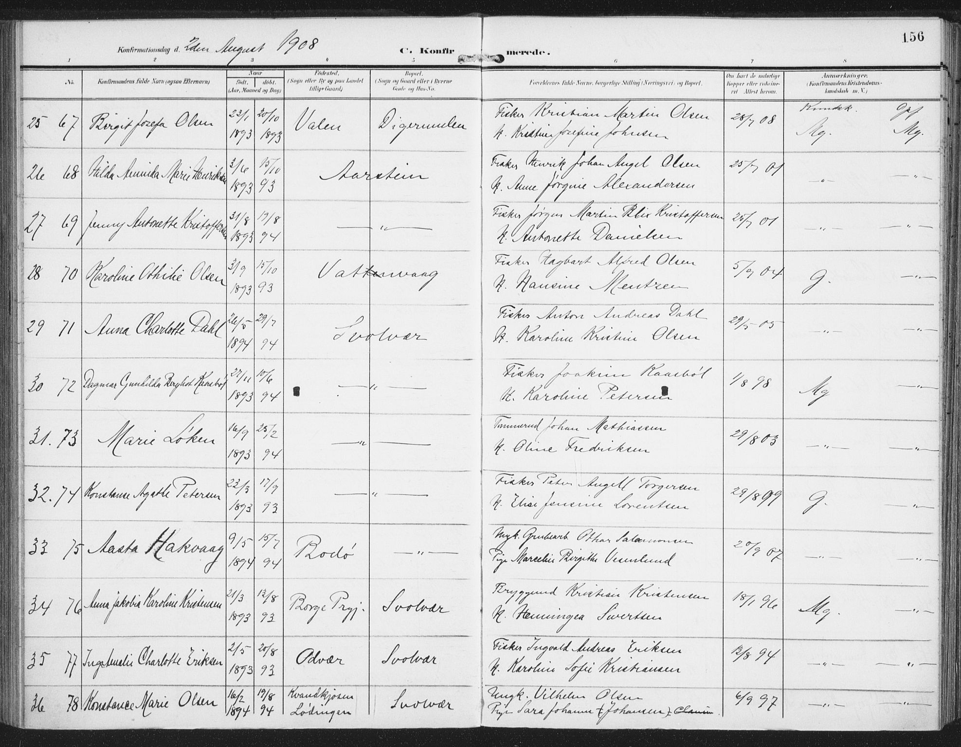 Ministerialprotokoller, klokkerbøker og fødselsregistre - Nordland, SAT/A-1459/874/L1063: Parish register (official) no. 874A07, 1907-1915, p. 156