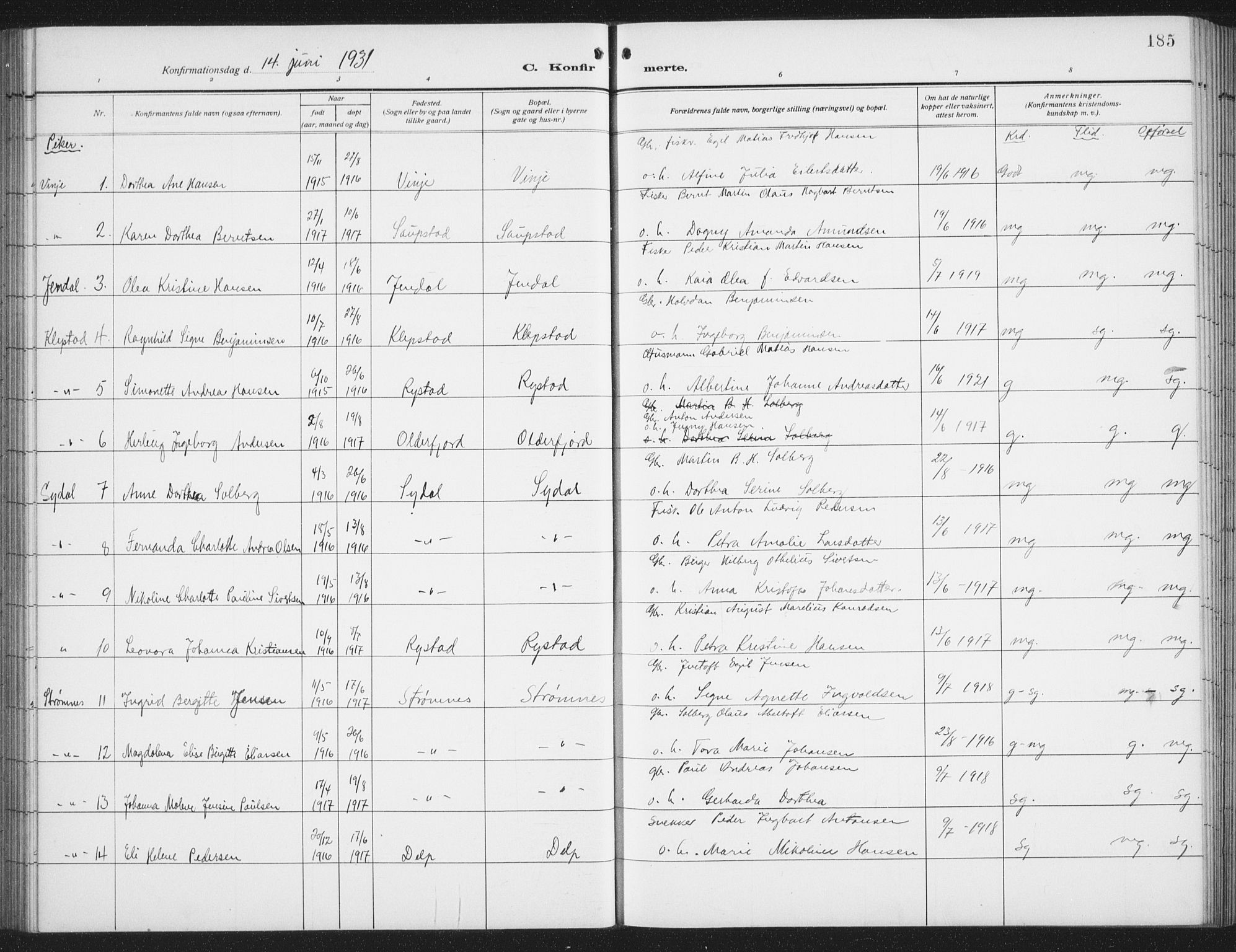 Ministerialprotokoller, klokkerbøker og fødselsregistre - Nordland, SAT/A-1459/876/L1106: Parish register (copy) no. 876C05, 1915-1942, p. 185