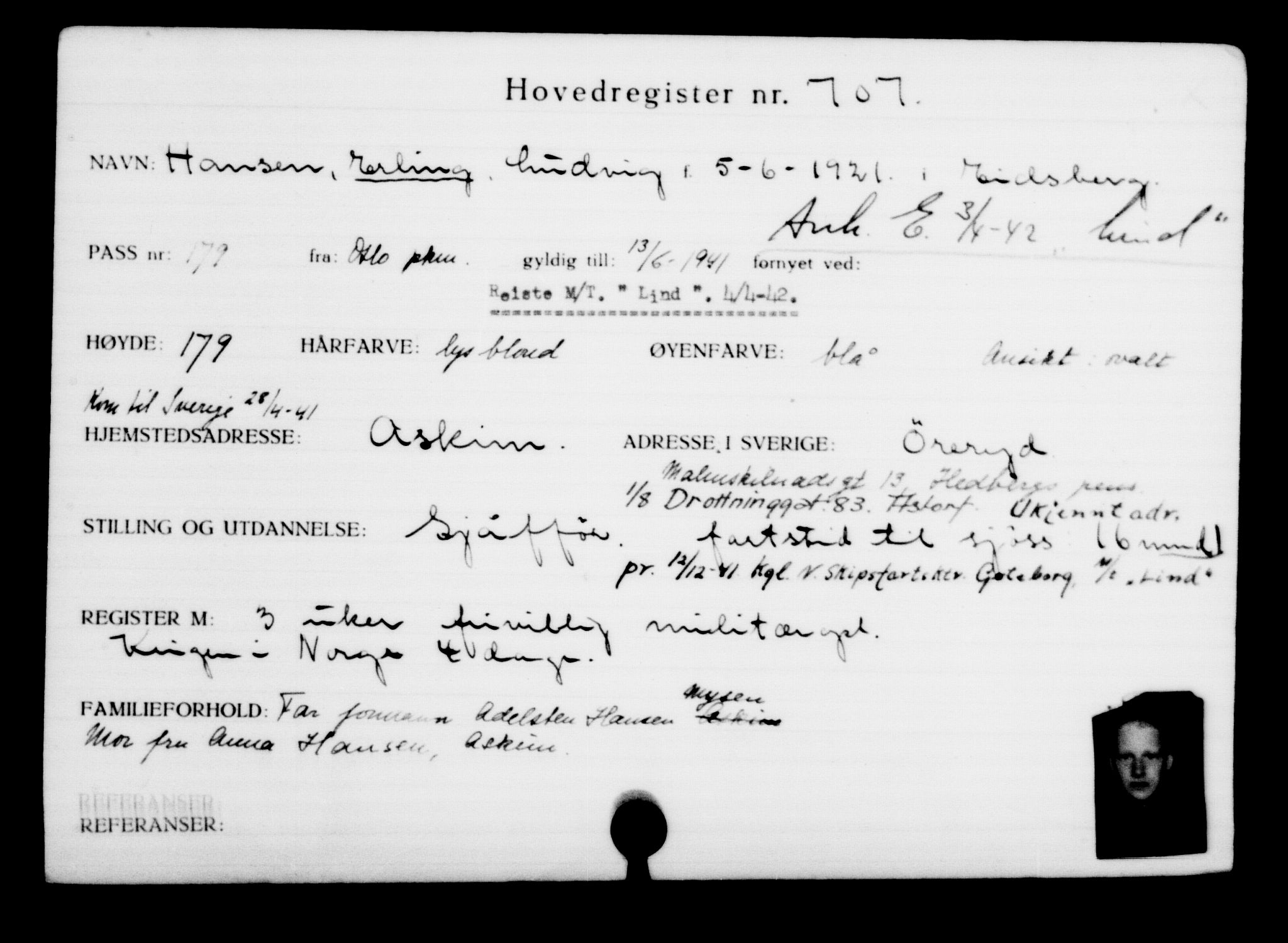 Utenriksstasjonene, Legasjonen i Stockholm, Flyktningkontoret, AV/RA-S-6753/V/Va/L0001: Kjesäterkartoteket, flyktninger med registreringsnr. 1-1000, 1940-1945, p. 1108