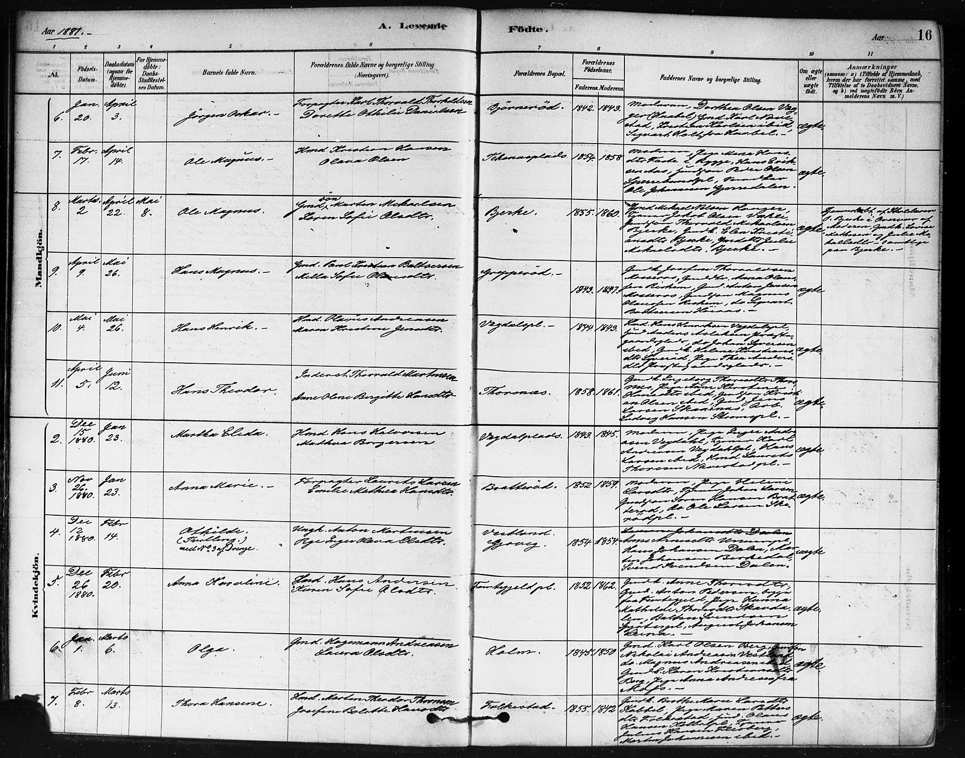 Våler prestekontor Kirkebøker, AV/SAO-A-11083/F/Fa/L0010: Parish register (official) no. I 10, 1878-1896, p. 16