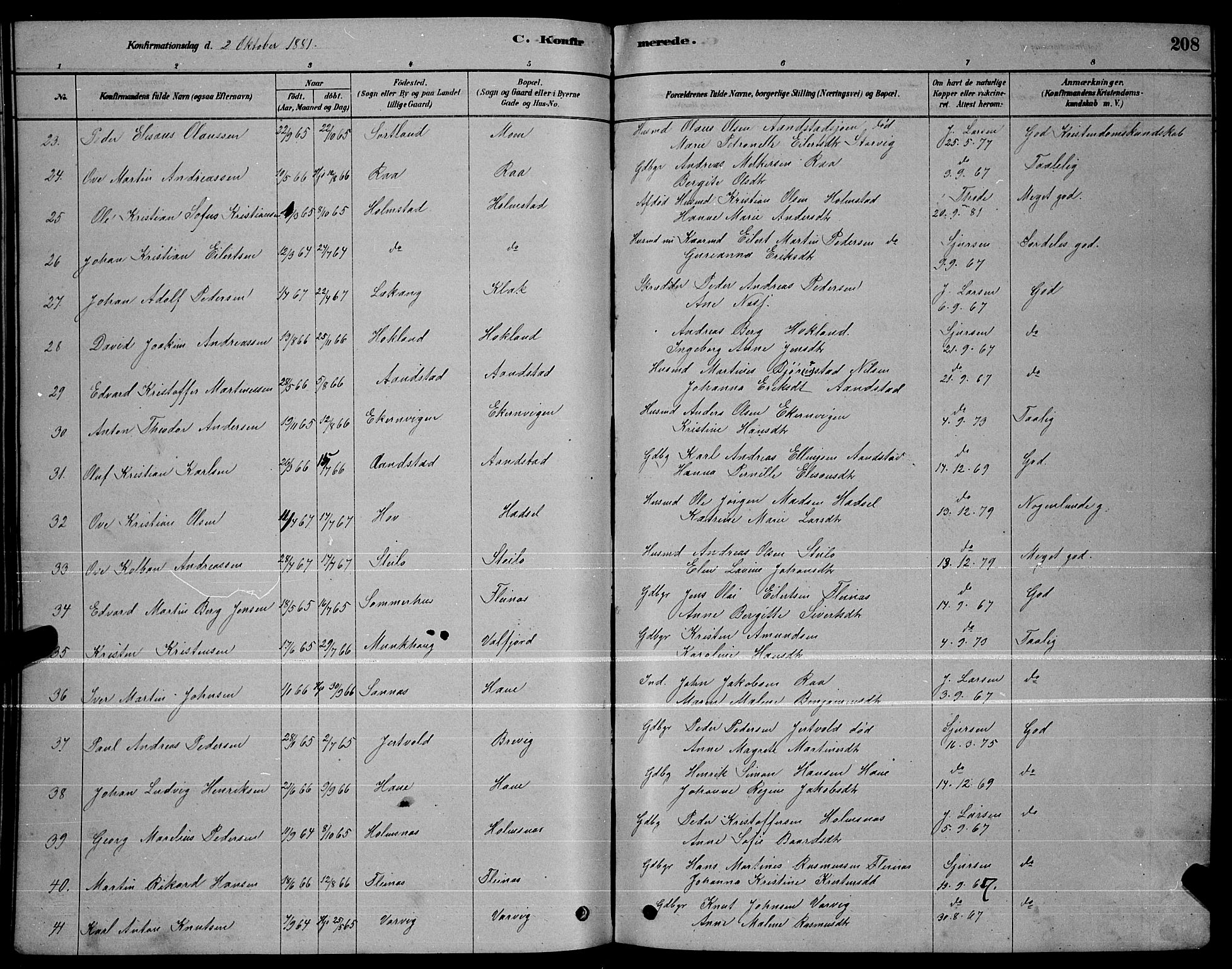 Ministerialprotokoller, klokkerbøker og fødselsregistre - Nordland, AV/SAT-A-1459/888/L1267: Parish register (copy) no. 888C05, 1878-1890, p. 208