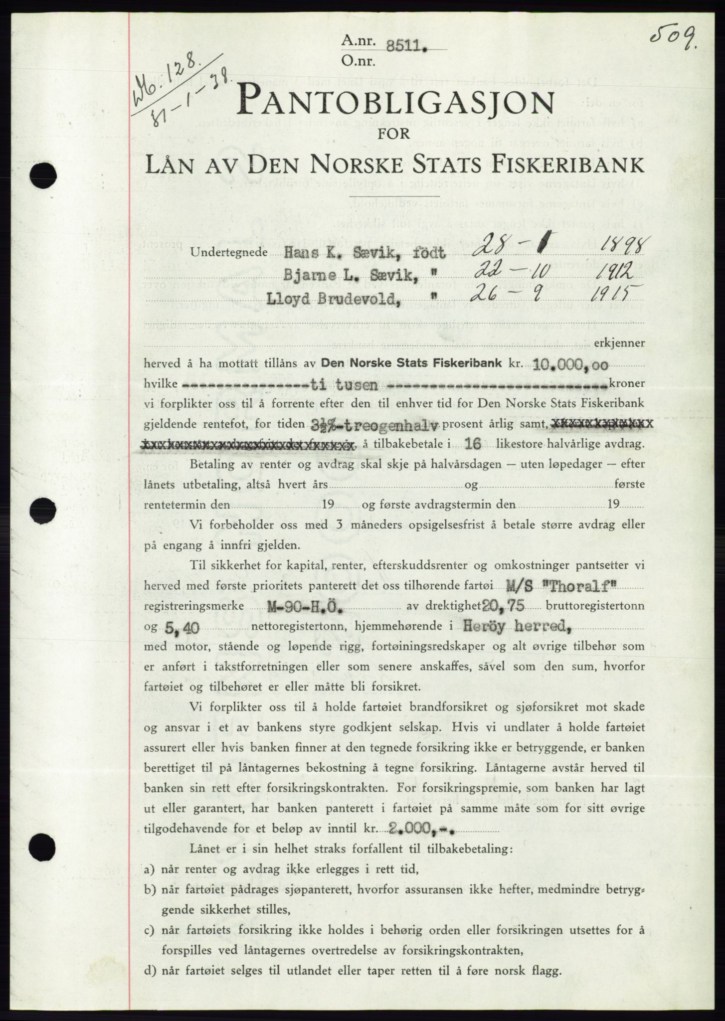 Søre Sunnmøre sorenskriveri, AV/SAT-A-4122/1/2/2C/L0064: Mortgage book no. 58, 1937-1938, Diary no: : 128/1938