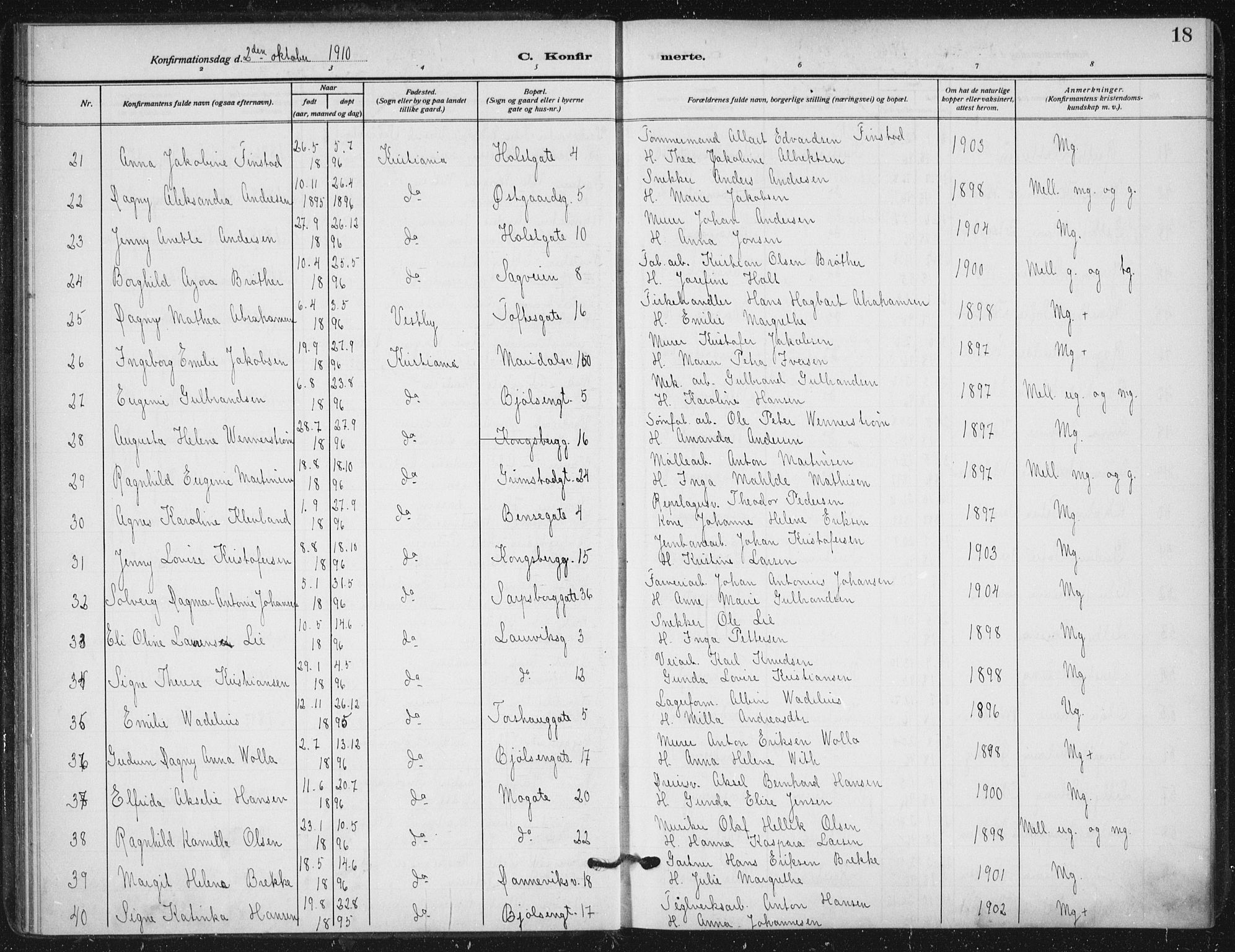 Sagene prestekontor Kirkebøker, AV/SAO-A-10796/F/L0008: Parish register (official) no. 8, 1910-1919, p. 18