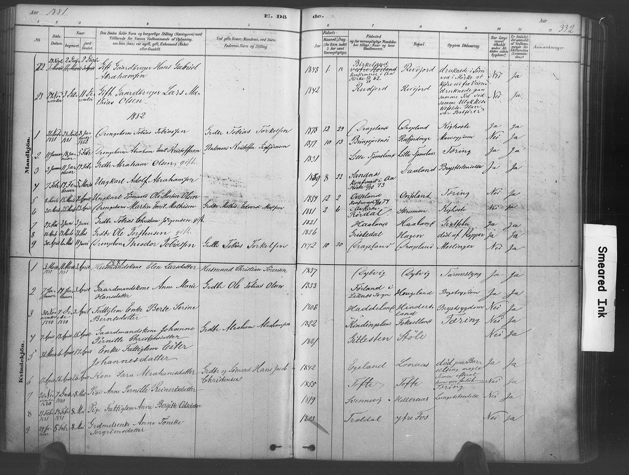 Lyngdal sokneprestkontor, AV/SAK-1111-0029/F/Fa/Fac/L0011: Parish register (official) no. A 11, 1878-1893, p. 332