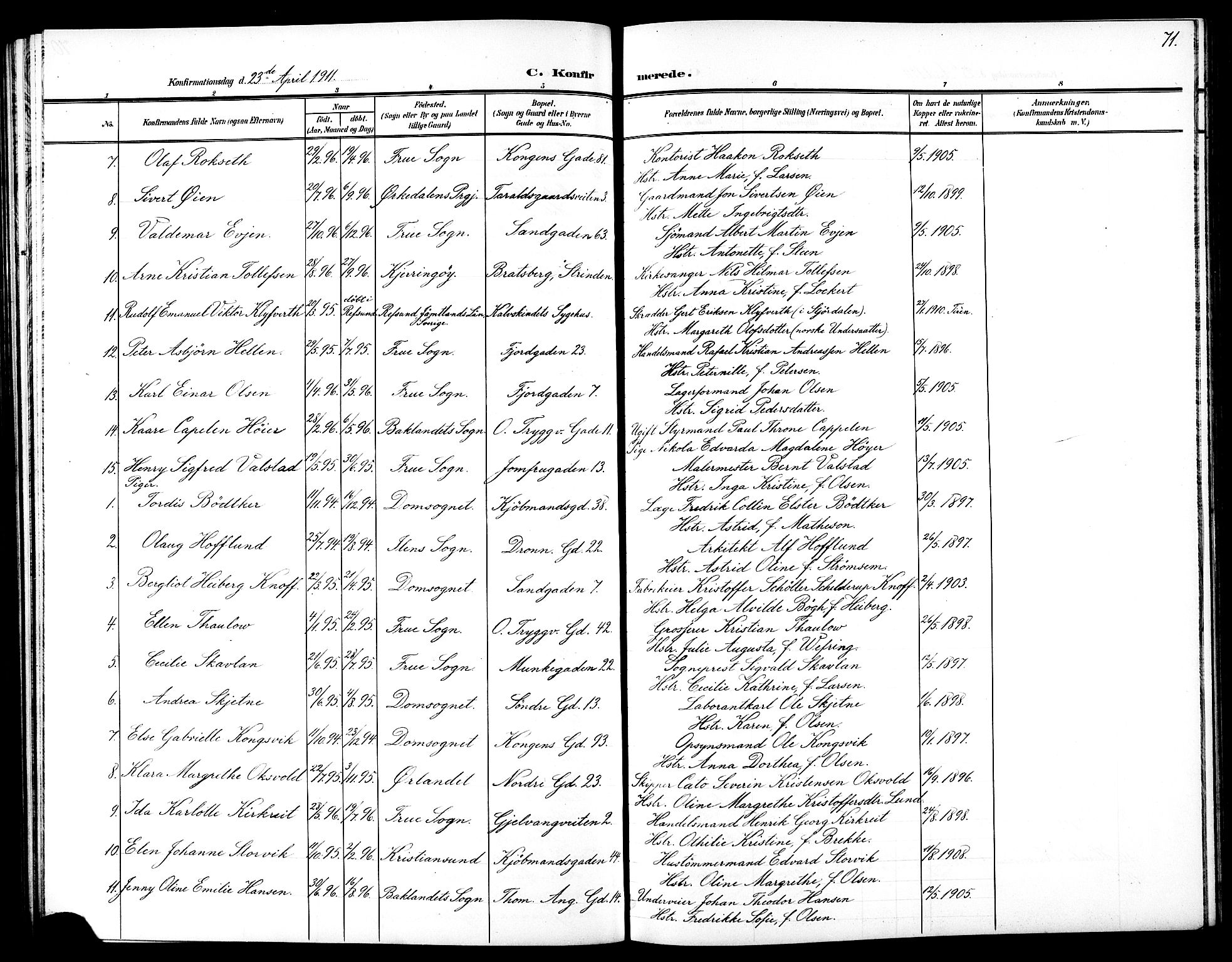 Ministerialprotokoller, klokkerbøker og fødselsregistre - Sør-Trøndelag, SAT/A-1456/602/L0146: Parish register (copy) no. 602C14, 1904-1914, p. 71