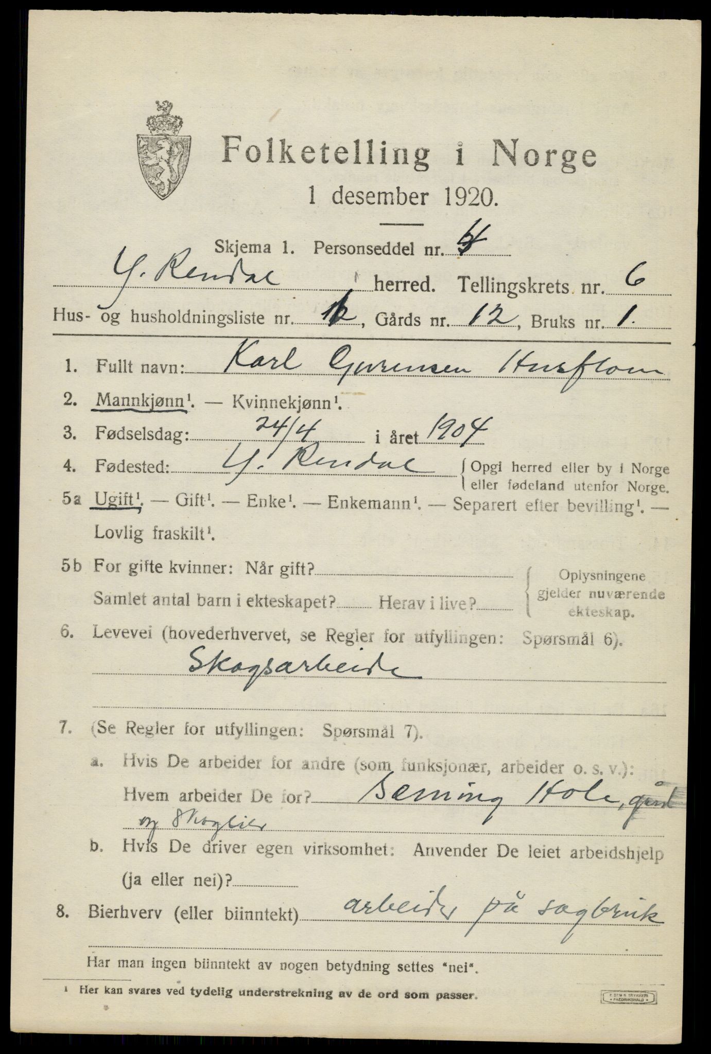 SAH, 1920 census for Ytre Rendal, 1920, p. 3323