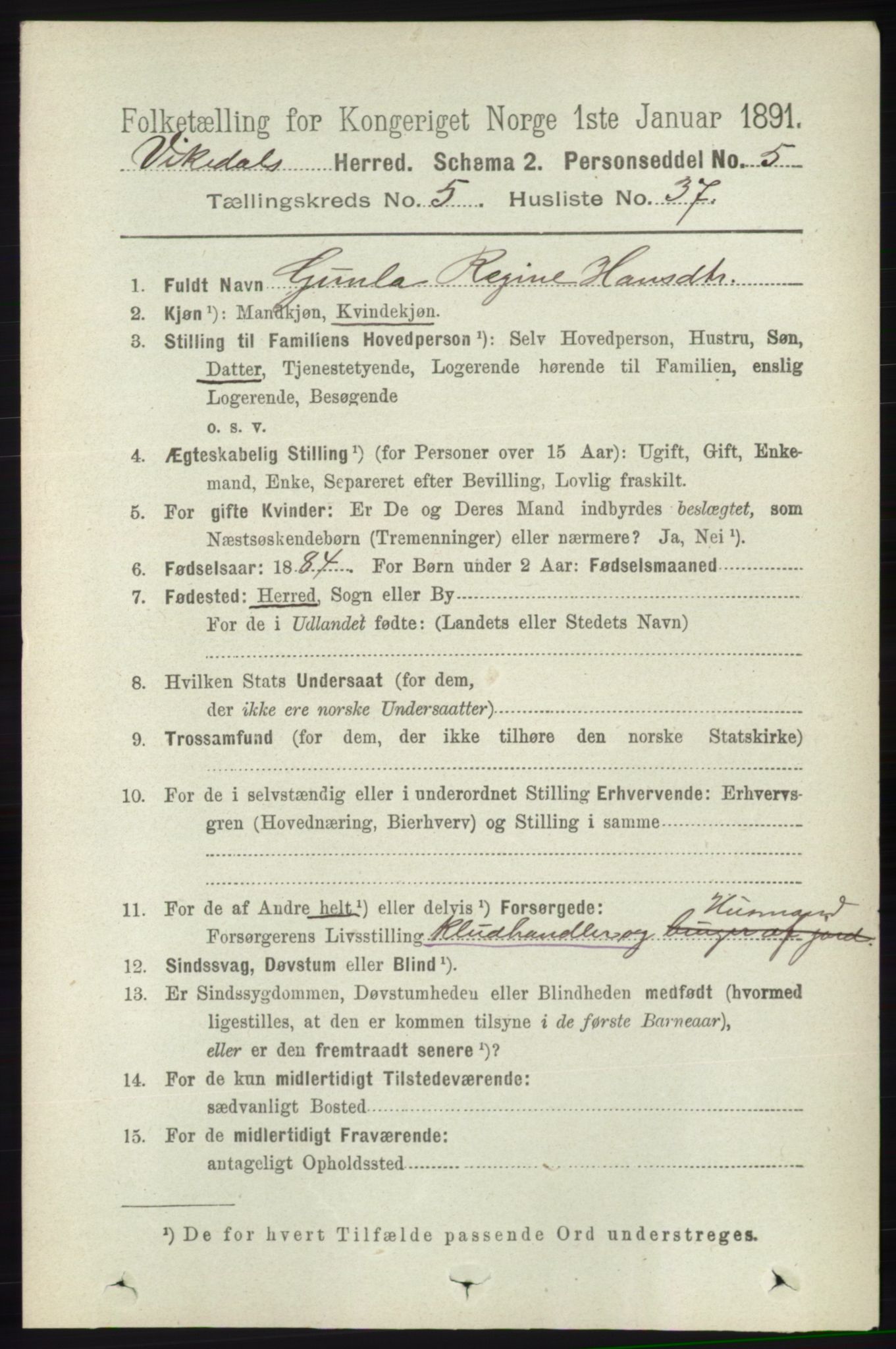 RA, 1891 census for 1157 Vikedal, 1891, p. 1356