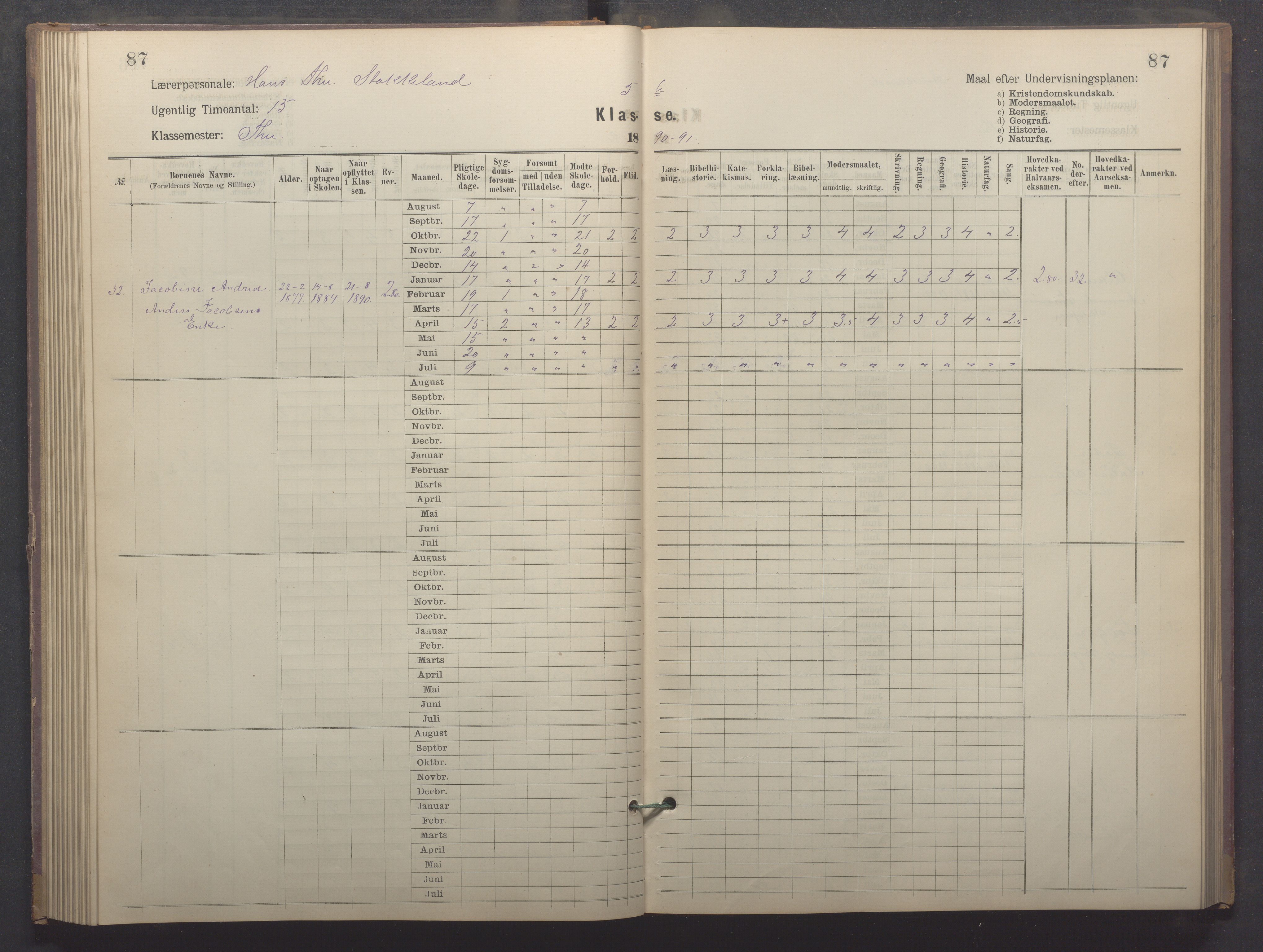 Egersund kommune (Ladested) - Egersund almueskole/folkeskole, IKAR/K-100521/H/L0022: Skoleprotokoll - Almueskolen, 5. klasse, 1886-1892, p. 87