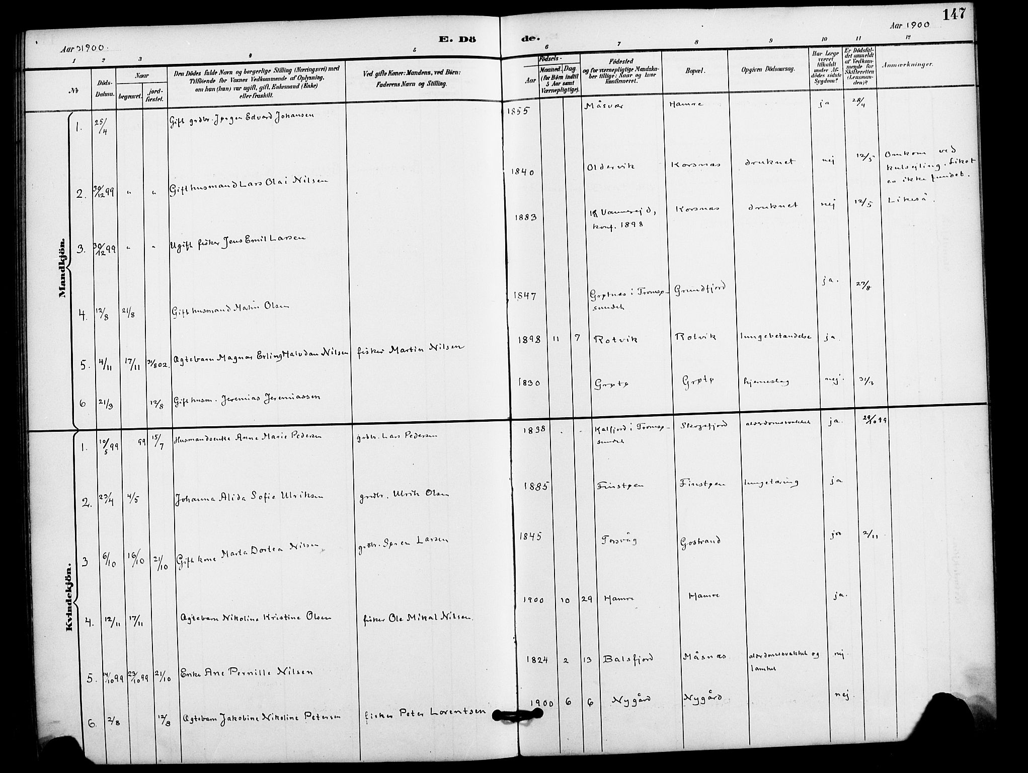 Karlsøy sokneprestembete, AV/SATØ-S-1299/H/Ha/Haa/L0012kirke: Parish register (official) no. 12, 1892-1902, p. 147