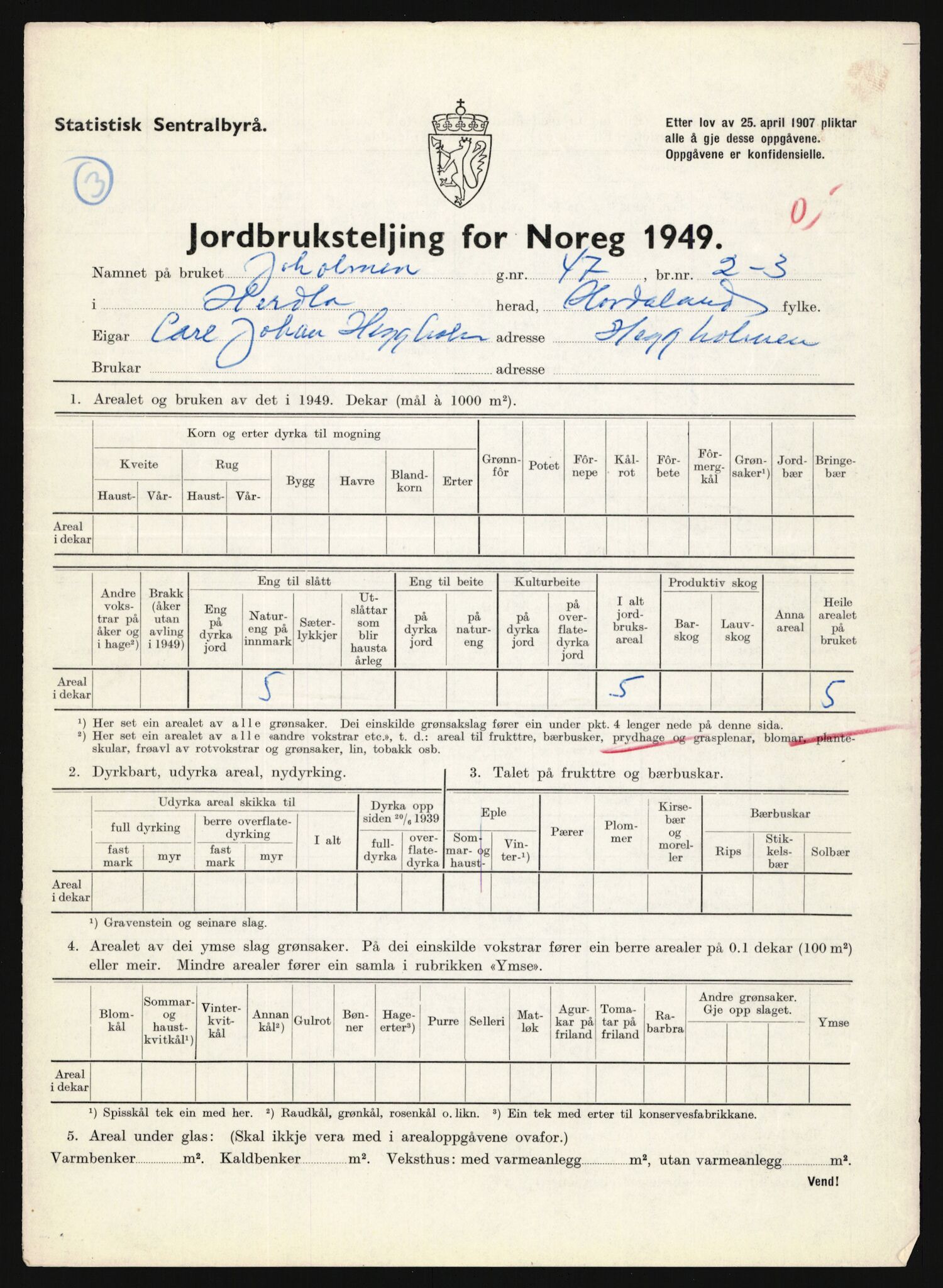 Statistisk sentralbyrå, Næringsøkonomiske emner, Jordbruk, skogbruk, jakt, fiske og fangst, AV/RA-S-2234/G/Gc/L0276: Hordaland: Herdla og Hjelme, 1949, p. 78